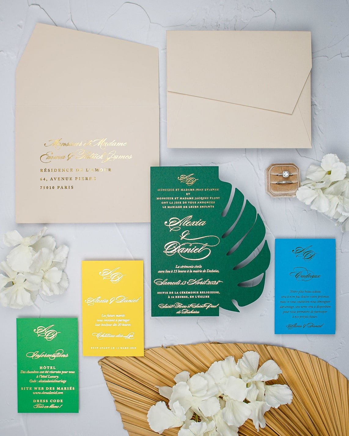 "Bali" - Faire-part de mariage thème tropical, chic et élégant avec dorure or – Wedding stationery - Création Luxe Carterie Studio