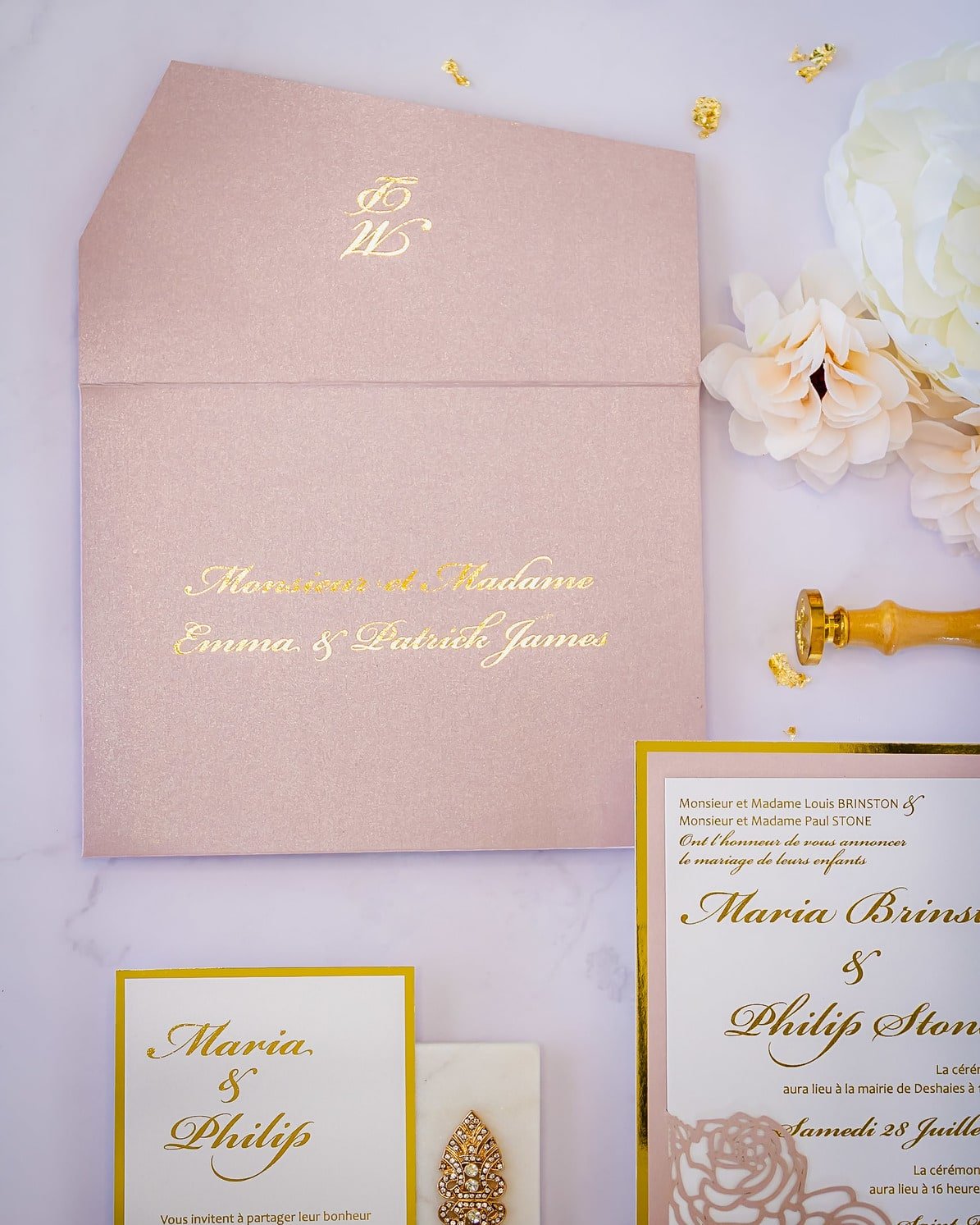 "Camélia" - Faire-part de mariage laser cut élégant et romantique avec dorure or - Wedding stationery - Création Luxe Carterie Studio
