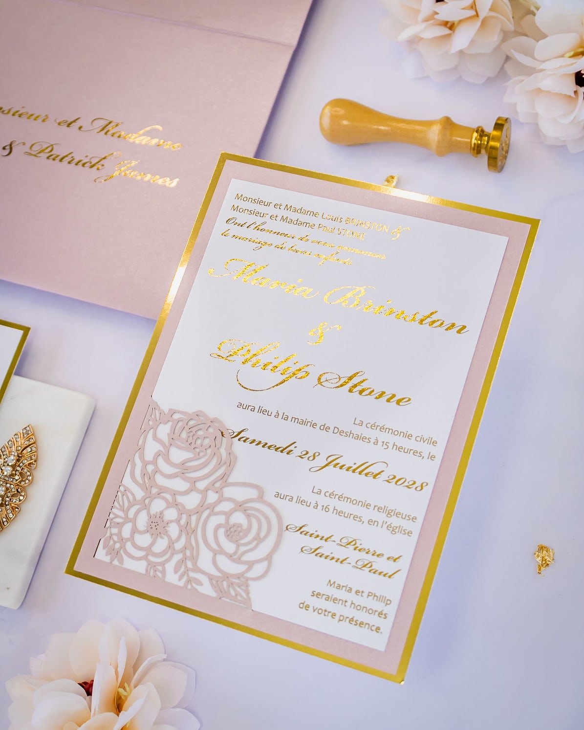 "Camélia" - Faire-part de mariage laser cut élégant et romantique avec dorure or - Wedding stationery - Création Luxe Carterie Studio