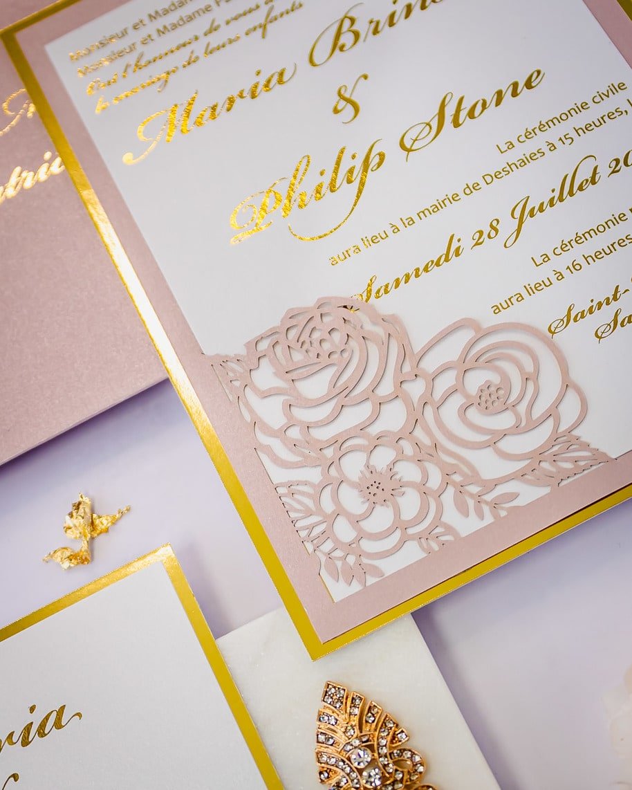 "Camélia" - Faire-part de mariage laser cut élégant et romantique avec dorure or - Wedding stationery - Création Luxe Carterie Studio