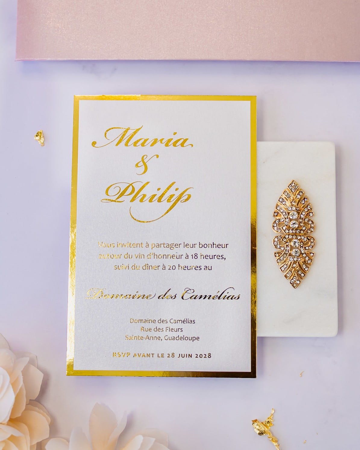 "Camélia" - Faire-part de mariage laser cut élégant et romantique avec dorure or - Wedding stationery - Création Luxe Carterie Studio