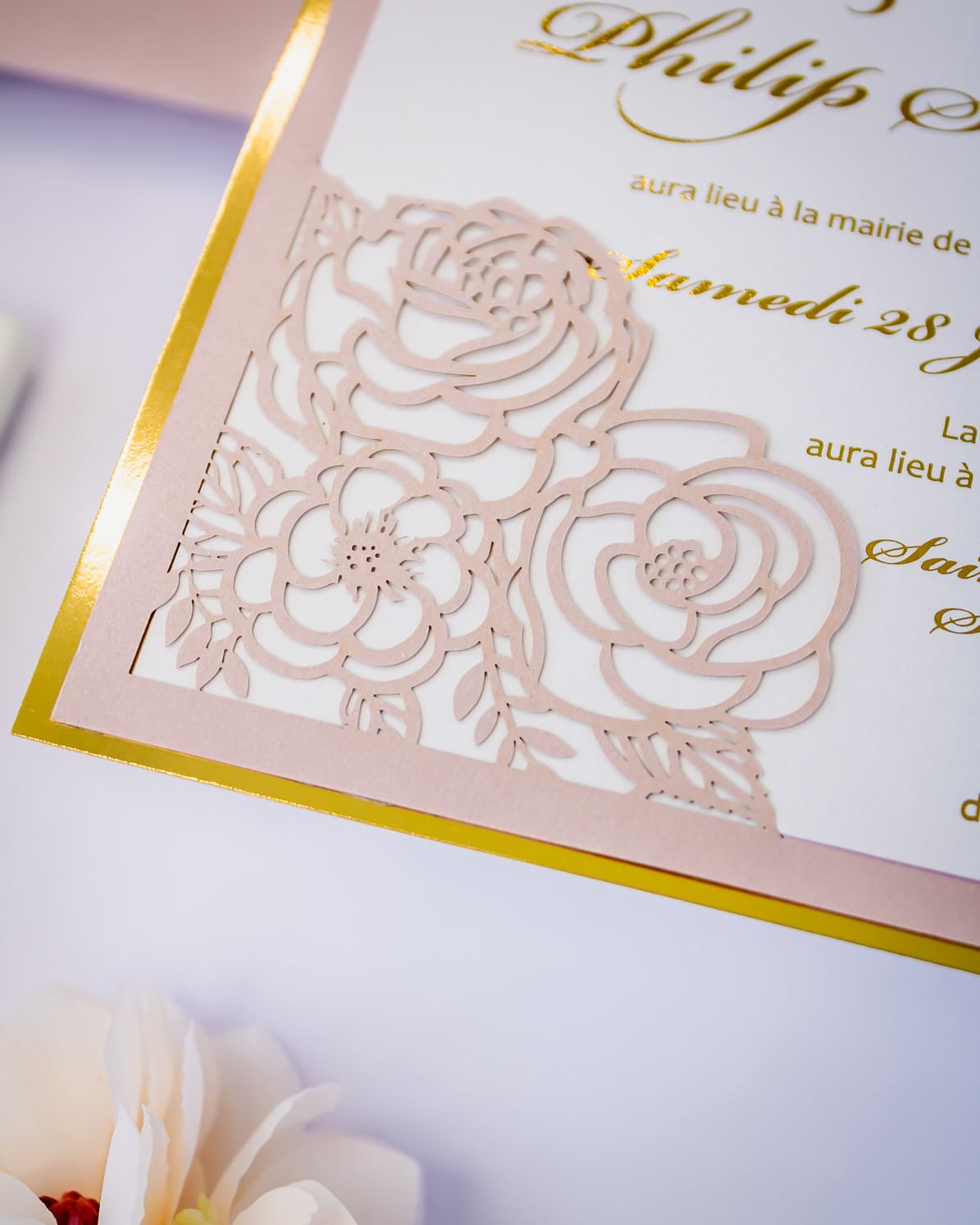 "Camélia" - Faire-part de mariage laser cut élégant et romantique avec dorure or - Wedding stationery - Création Luxe Carterie Studio