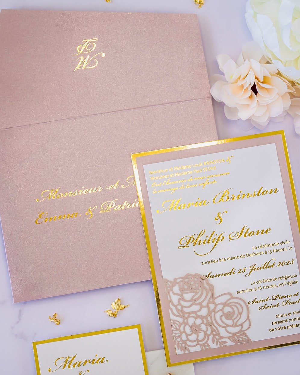 "Camélia" - Faire-part de mariage laser cut élégant et romantique avec dorure or - Wedding stationery - Création Luxe Carterie Studio