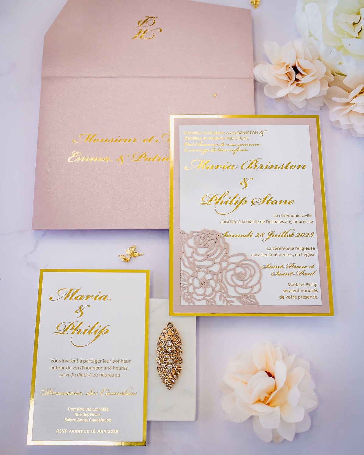 "Camélia" - Faire-part de mariage laser cut élégant et romantique avec dorure or - Wedding stationery - Création Luxe Carterie Studio