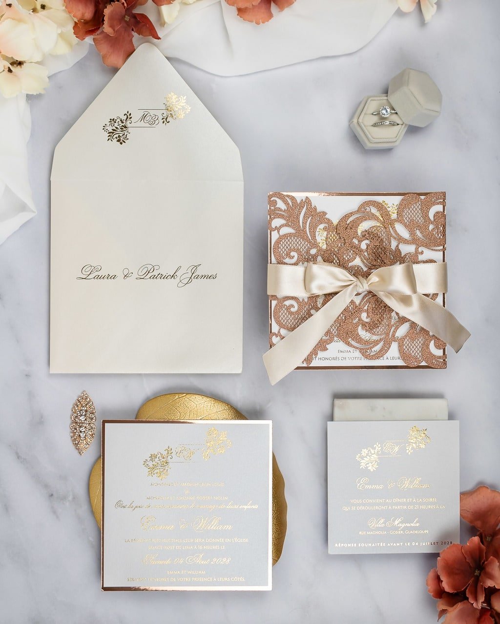 "Cassy" - Faire-part de mariage laser cut élégant et romantique avec dorure or - Wedding stationery - Création Luxe Carterie Studio
