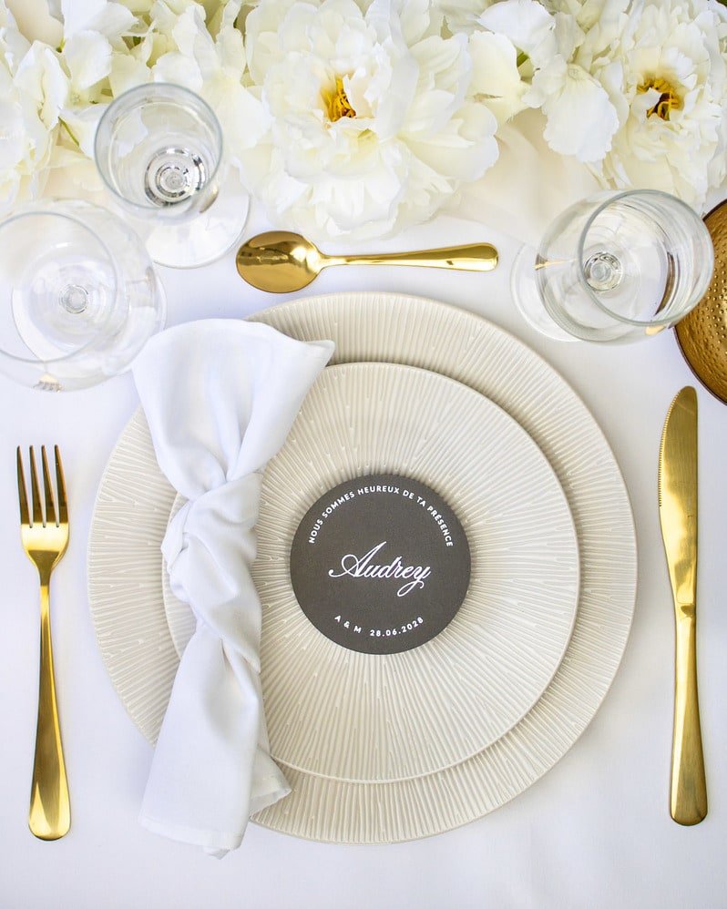 "Cléa - Marque-place" – Marque-place chic, élégant et romantique avec dorure or pour réception de mariage – Papeterie de mariage - Wedding stationery - Création Luxe Carterie Studio