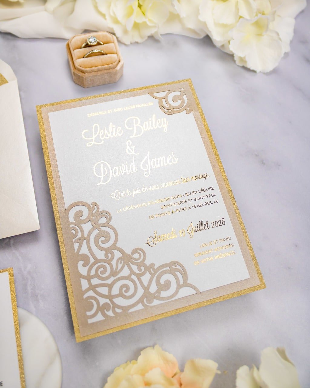"Dahlia" - Faire-part de mariage laser cut élégant et romantique avec dorure or - Wedding stationery - Création Luxe Carterie Studio
