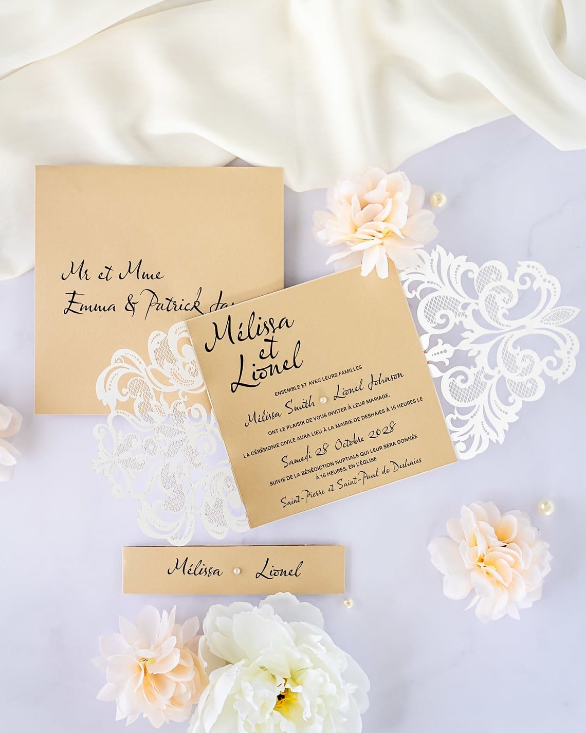 "Délicate" - Faire-part de mariage laser cut élégant et romantique avec dorure or - Wedding stationery - Création Luxe Carterie Studio