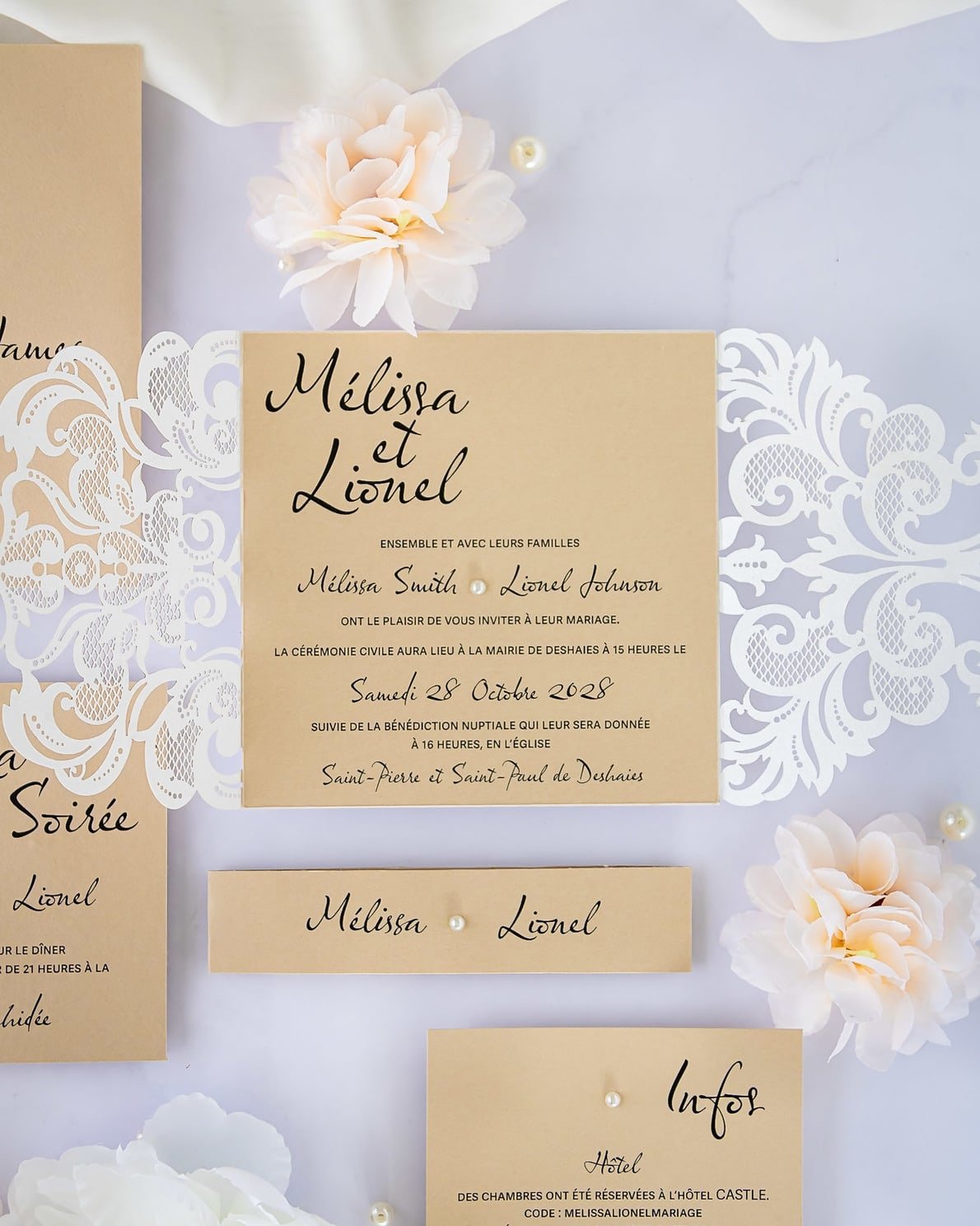 "Délicate" - Faire-part de mariage laser cut élégant et romantique avec dorure or - Wedding stationery - Création Luxe Carterie Studio