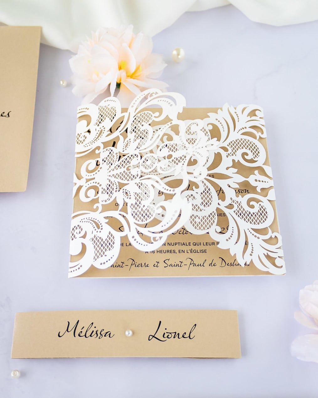 "Délicate" - Faire-part de mariage laser cut élégant et romantique avec dorure or - Wedding stationery - Création Luxe Carterie Studio