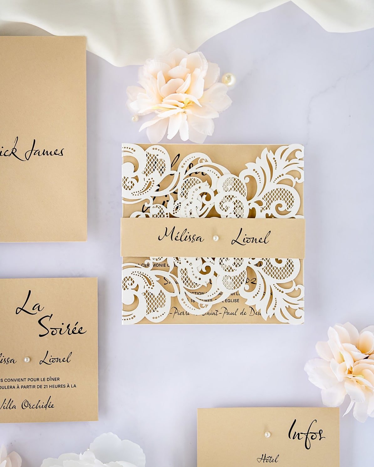 "Délicate" - Faire-part de mariage laser cut élégant et romantique avec dorure or - Wedding stationery - Création Luxe Carterie Studio