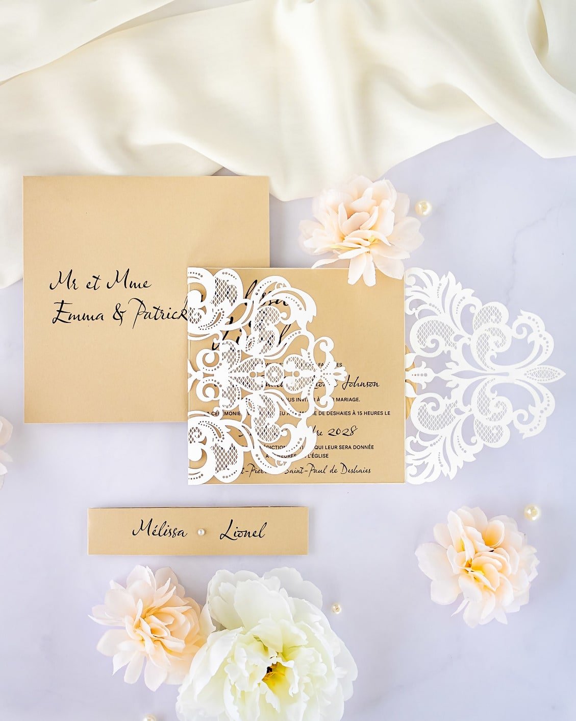 "Délicate" - Faire-part de mariage laser cut élégant et romantique avec dorure or - Wedding stationery - Création Luxe Carterie Studio