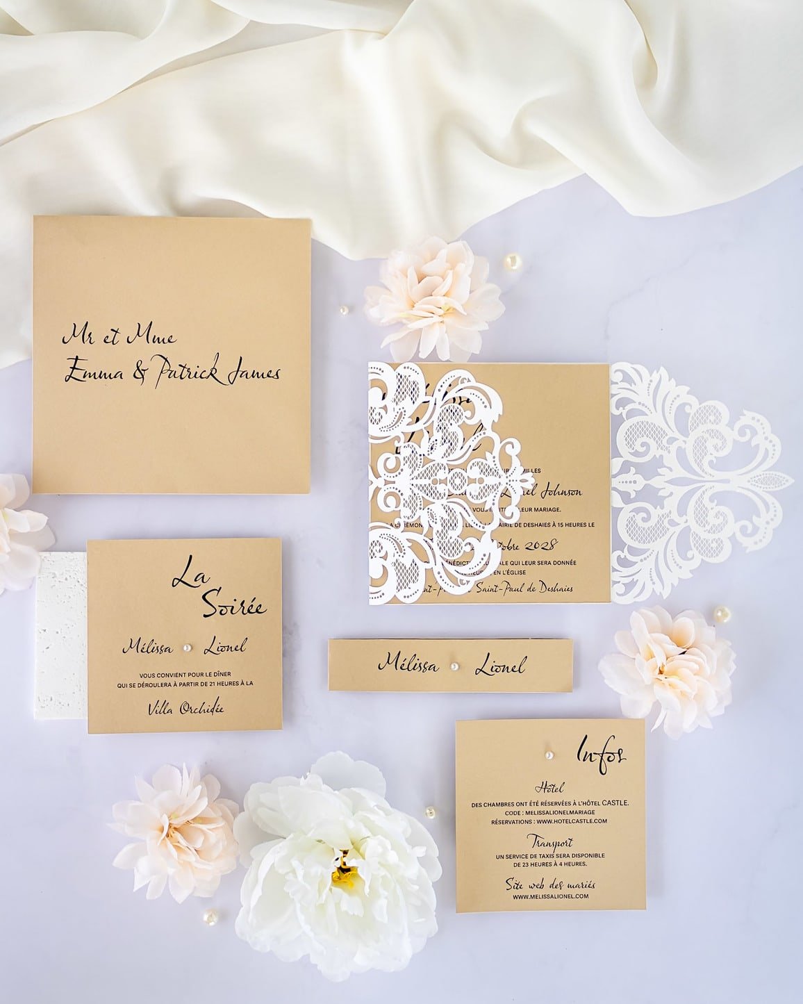 "Délicate" - Faire-part de mariage laser cut élégant et romantique avec dorure or - Wedding stationery - Création Luxe Carterie Studio