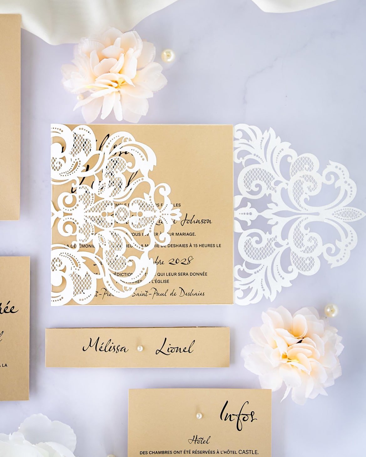 "Délicate" - Faire-part de mariage laser cut élégant et romantique avec dorure or - Wedding stationery - Création Luxe Carterie Studio