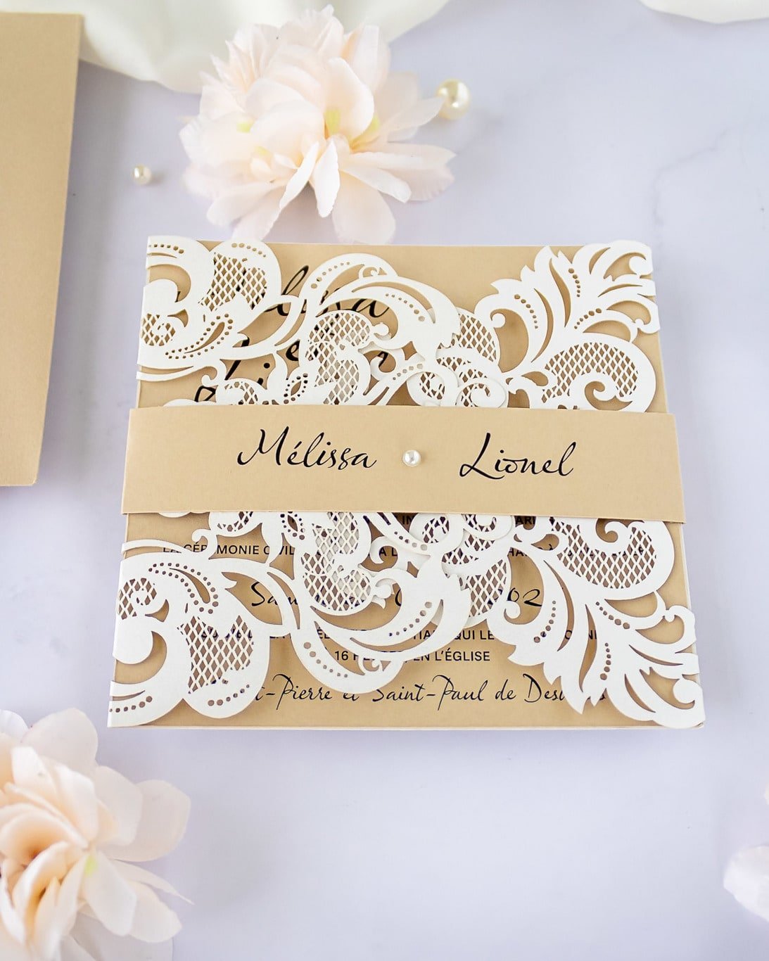 "Délicate" - Faire-part de mariage laser cut élégant et romantique avec dorure or - Wedding stationery - Création Luxe Carterie Studio
