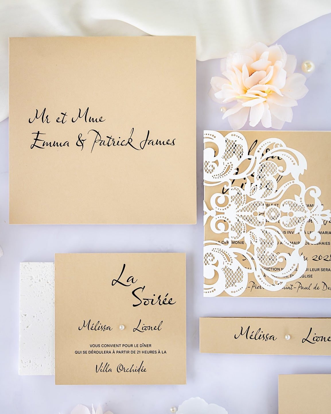 "Délicate" - Faire-part de mariage laser cut élégant et romantique avec dorure or - Wedding stationery - Création Luxe Carterie Studio