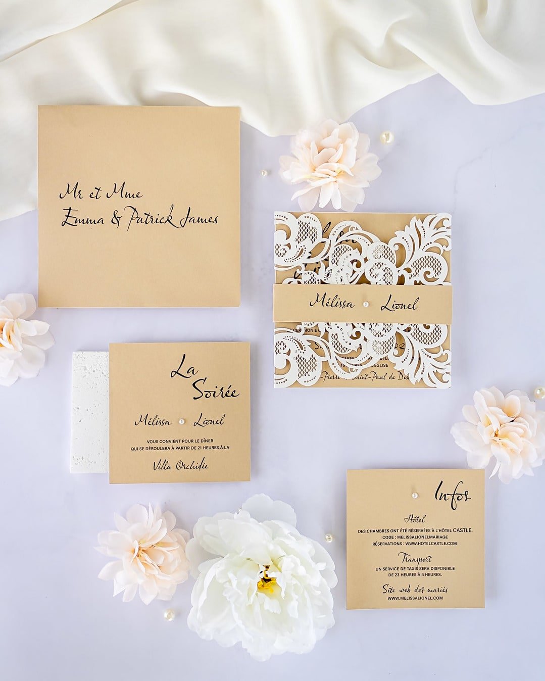 "Délicate" - Faire-part de mariage laser cut élégant et romantique avec dorure or - Wedding stationery - Création Luxe Carterie Studio