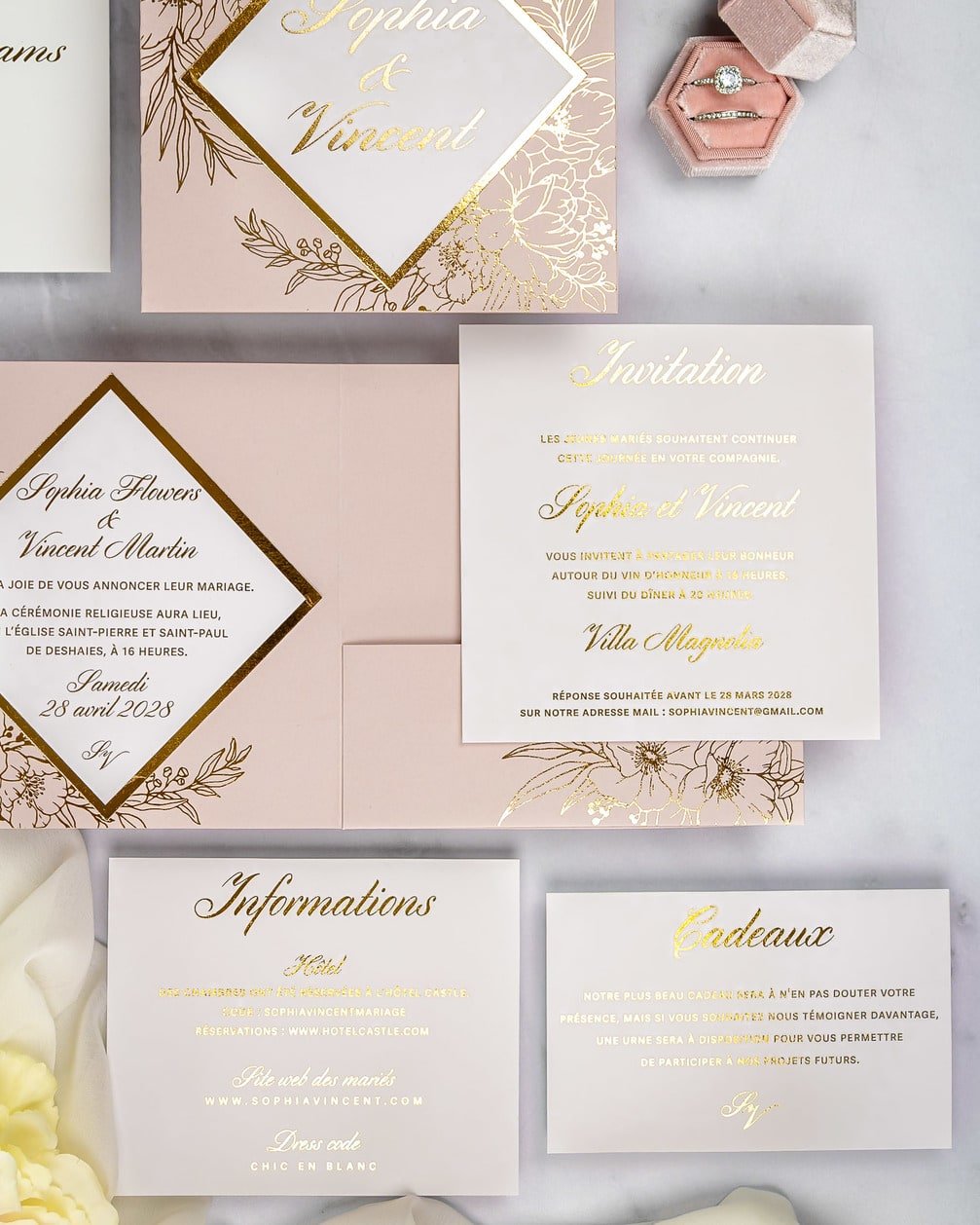 "Gabriella" - Faire-part de mariage chic, élégant et romantique avec dorure or - Wedding stationery - Création Luxe Carterie Studio
