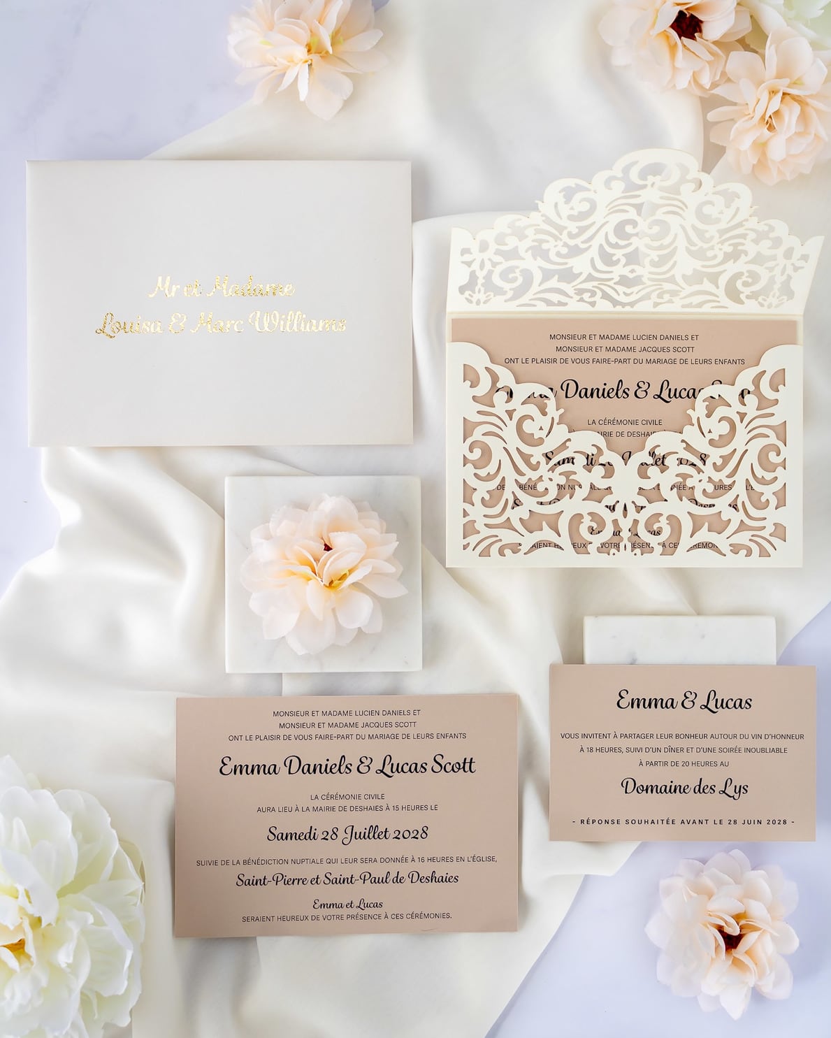 "Jade" - Faire-part de mariage laser cut élégant et romantique avec dorure or - Wedding stationery - Création Luxe Carterie Studio