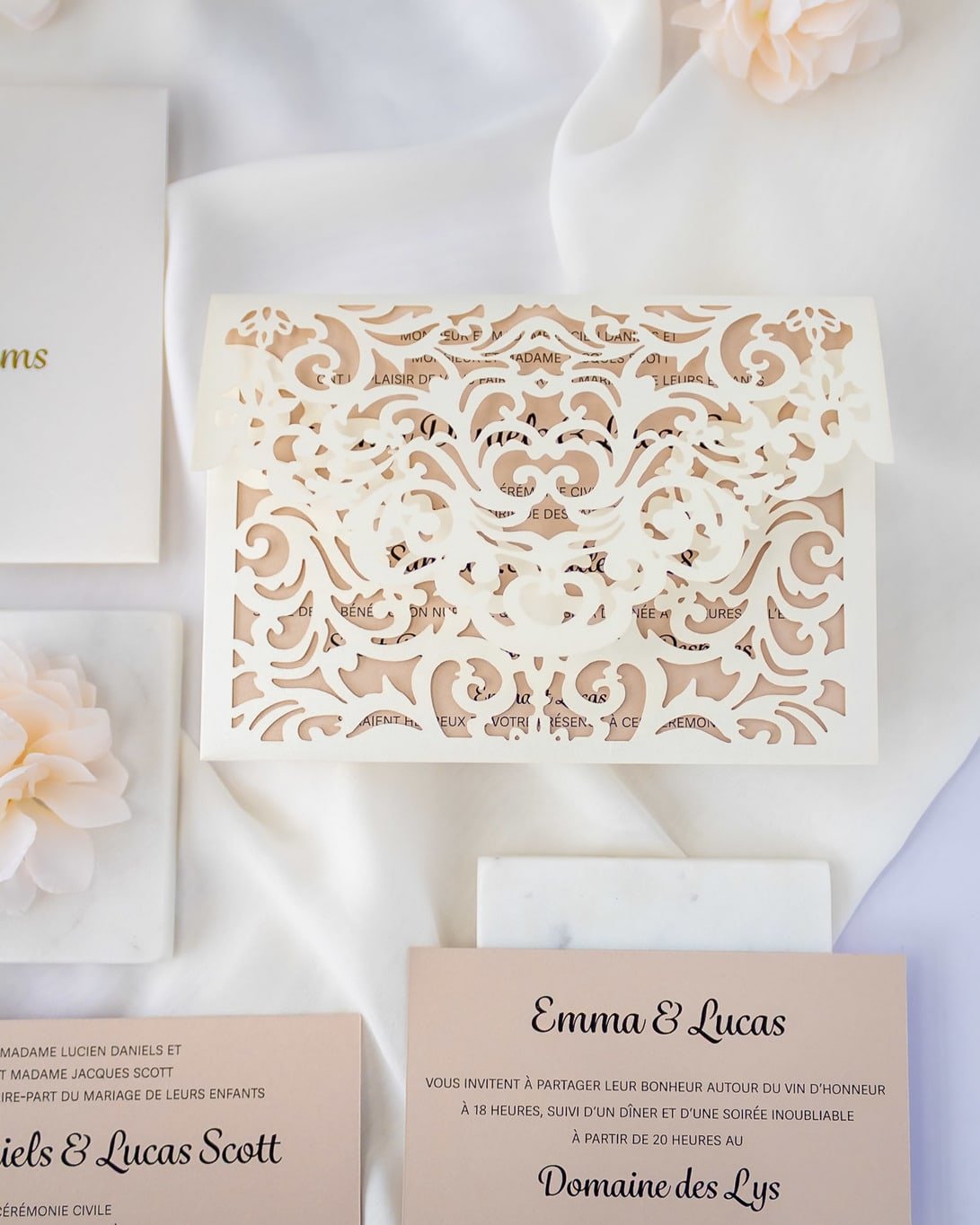 "Jade" - Faire-part de mariage laser cut élégant et romantique avec dorure or - Wedding stationery - Création Luxe Carterie Studio