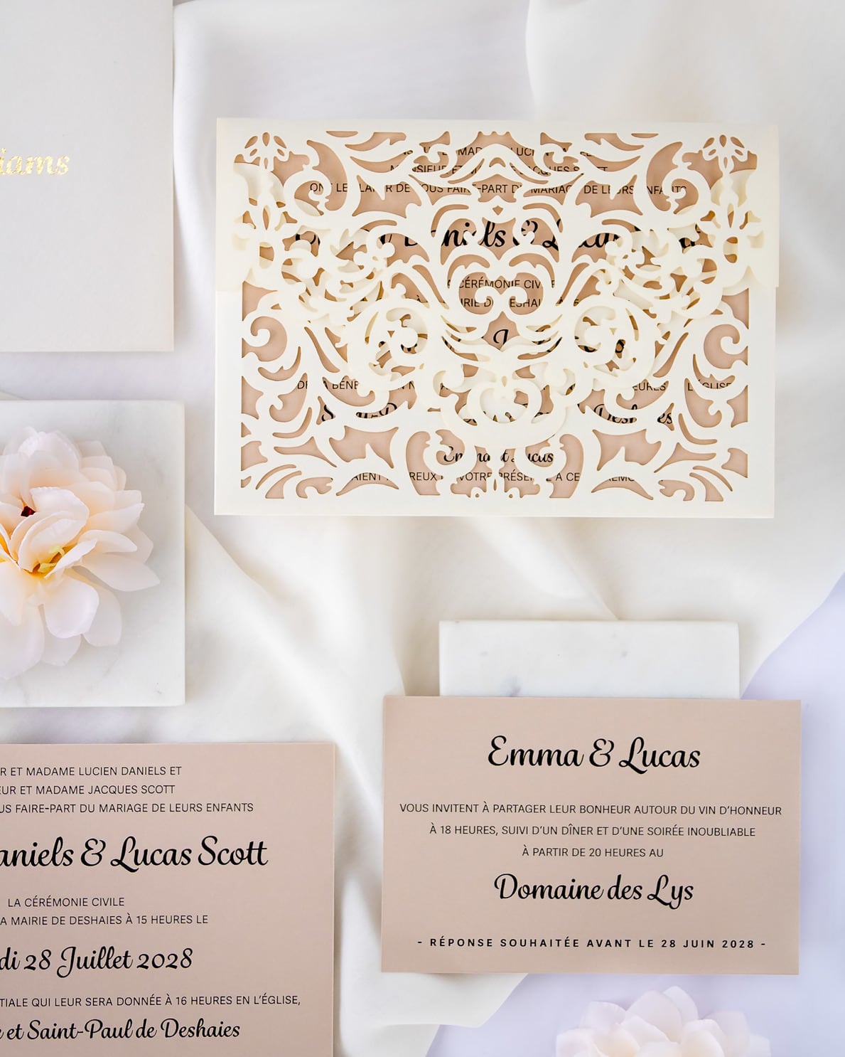 "Jade" - Faire-part de mariage laser cut élégant et romantique avec dorure or - Wedding stationery - Création Luxe Carterie Studio