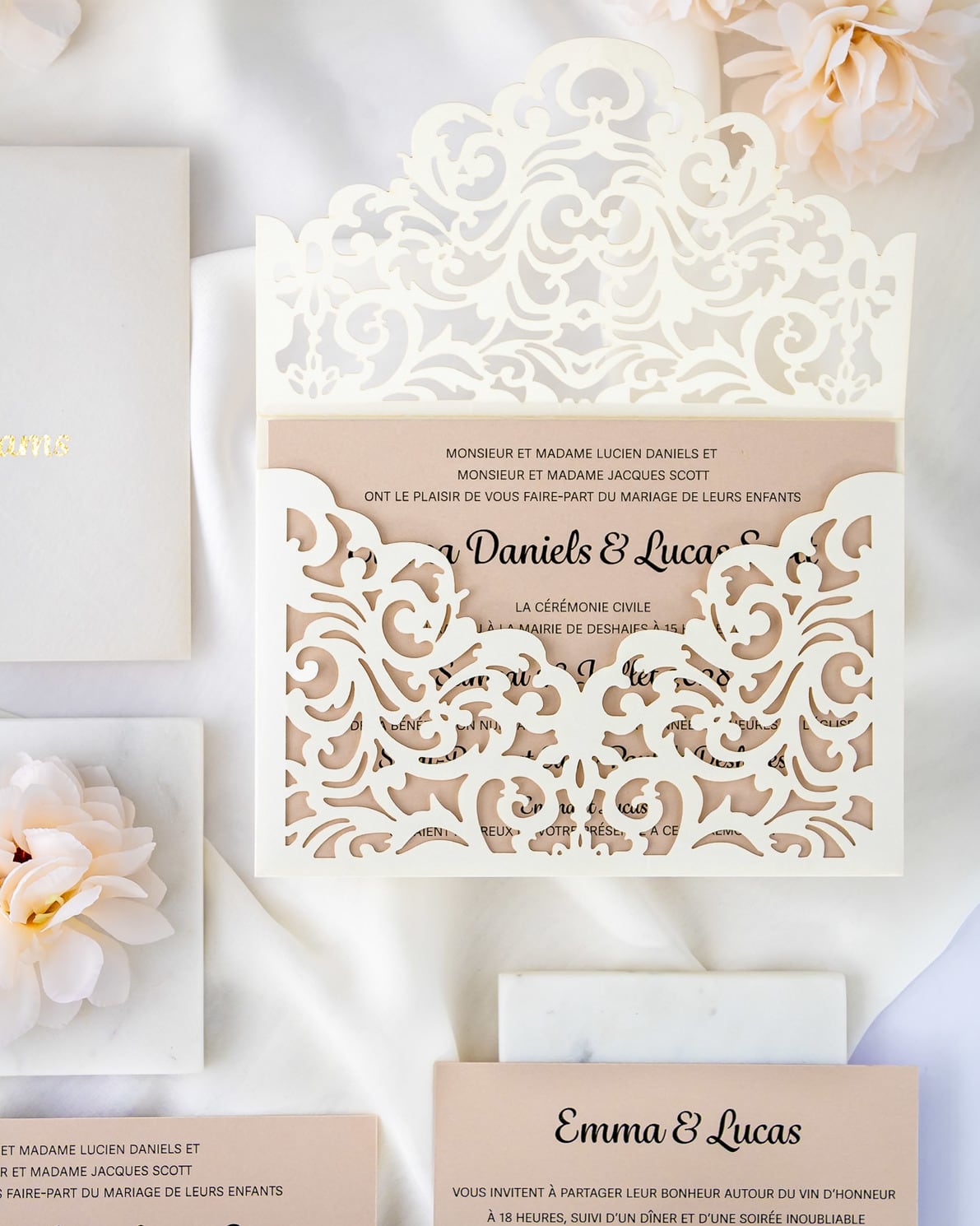 "Jade" - Faire-part de mariage laser cut élégant et romantique avec dorure or - Wedding stationery - Création Luxe Carterie Studio