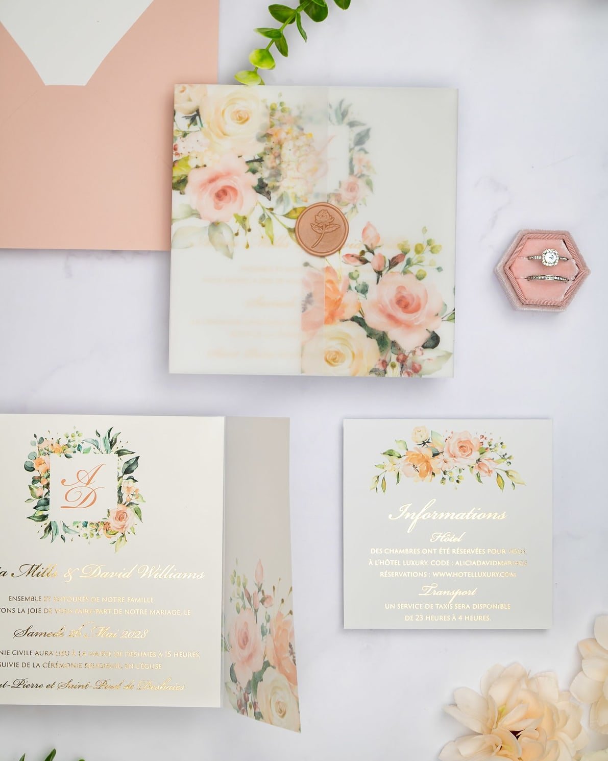 "Jais" - Faire-part de mariage fleuris élégant et romantique avec dorure or et wax seal – Wedding stationery - Création Luxe Carterie Studio