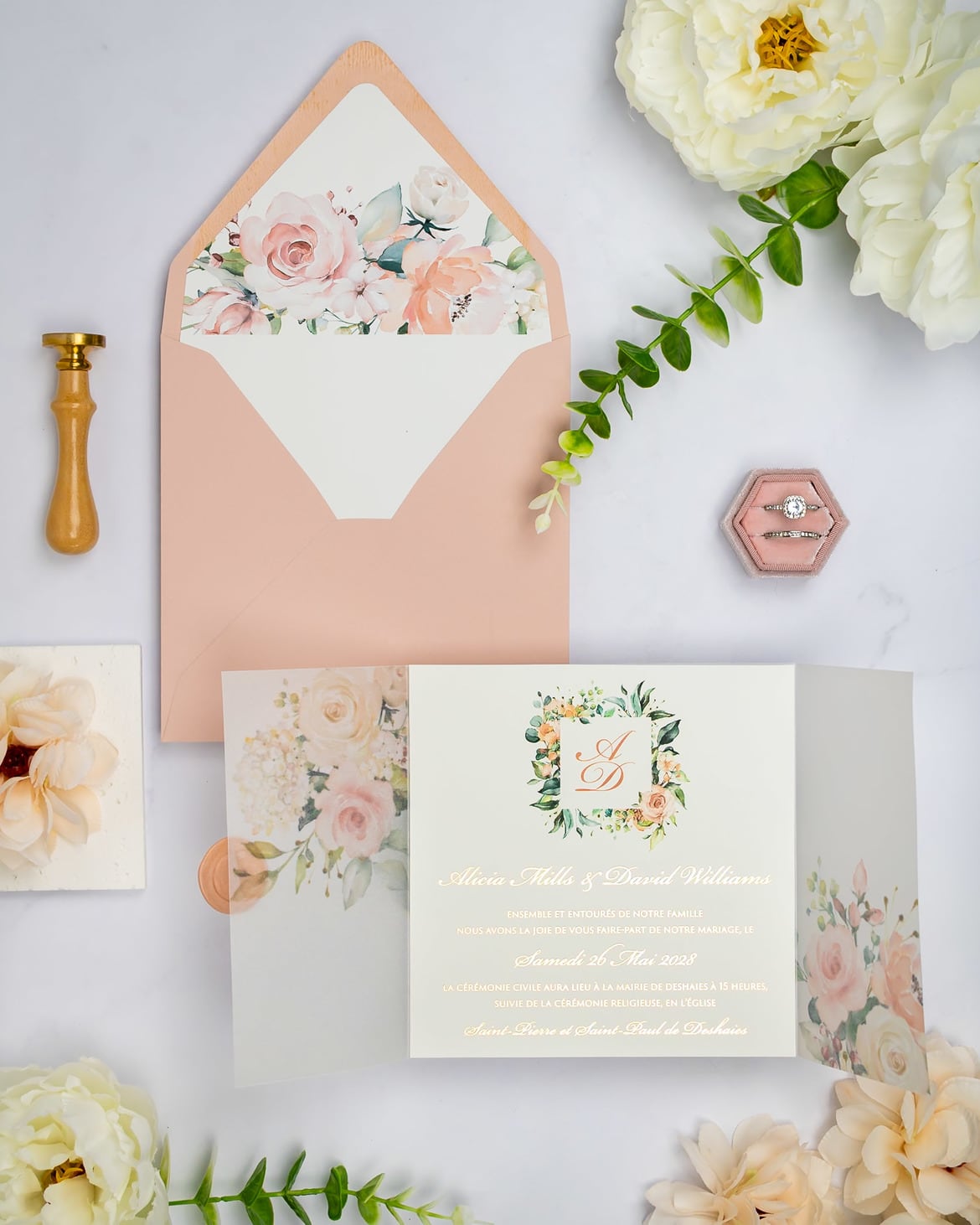 "Jais" - Faire-part de mariage fleuris élégant et romantique avec dorure or et wax seal – Wedding stationery - Création Luxe Carterie Studio