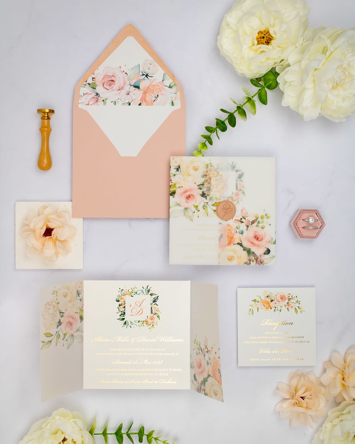 "Jais" - Faire-part de mariage fleuris élégant et romantique avec dorure or et wax seal – Wedding stationery - Création Luxe Carterie Studio
