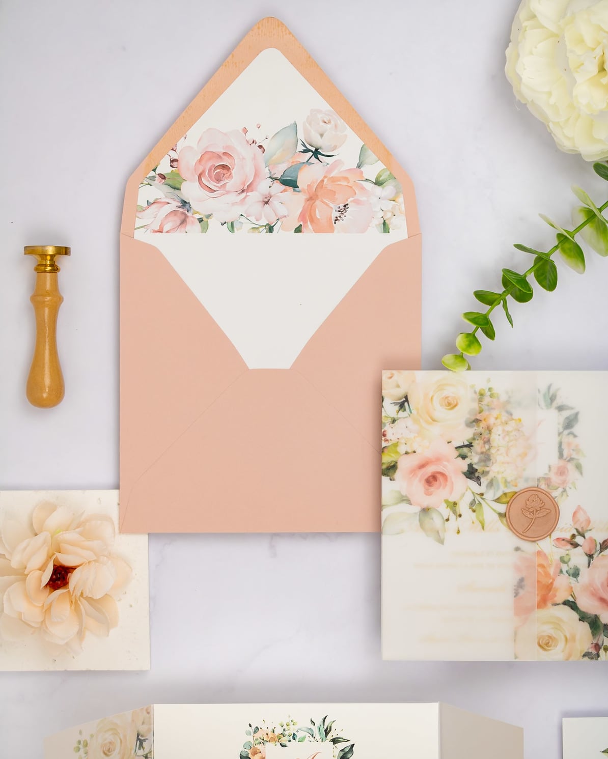 "Jais" - Faire-part de mariage fleuris élégant et romantique avec dorure or et wax seal – Wedding stationery - Création Luxe Carterie Studio
