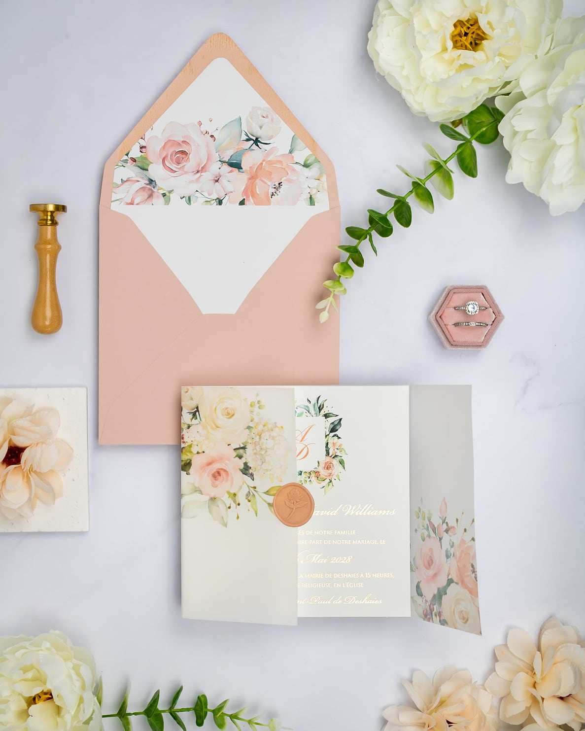 "Jais" - Faire-part de mariage fleuris élégant et romantique avec dorure or et wax seal – Wedding stationery - Création Luxe Carterie Studio