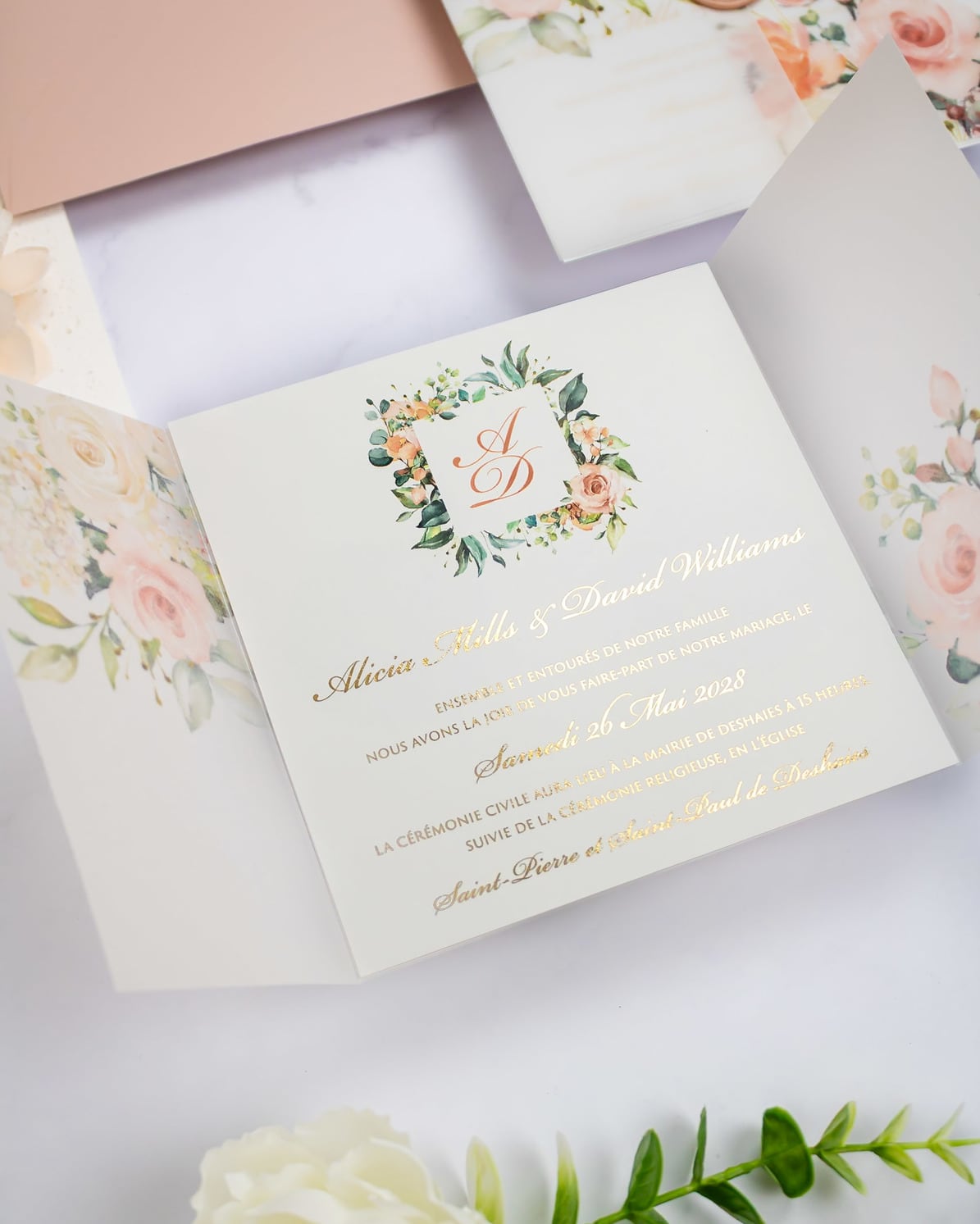 "Jais" - Faire-part de mariage fleuris élégant et romantique avec dorure or et wax seal – Wedding stationery - Création Luxe Carterie Studio