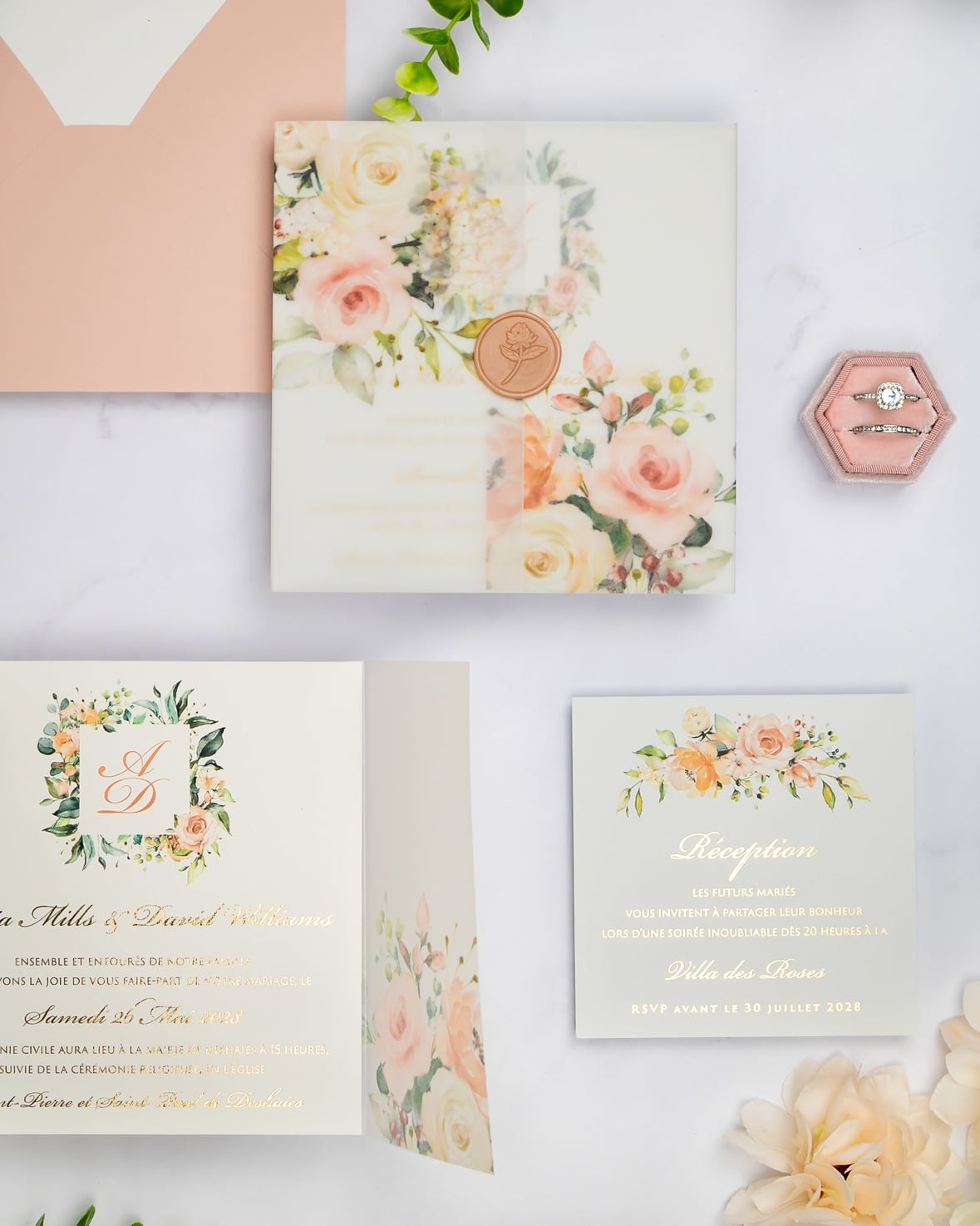 "Jais" - Faire-part de mariage fleuris élégant et romantique avec dorure or et wax seal – Wedding stationery - Création Luxe Carterie Studio
