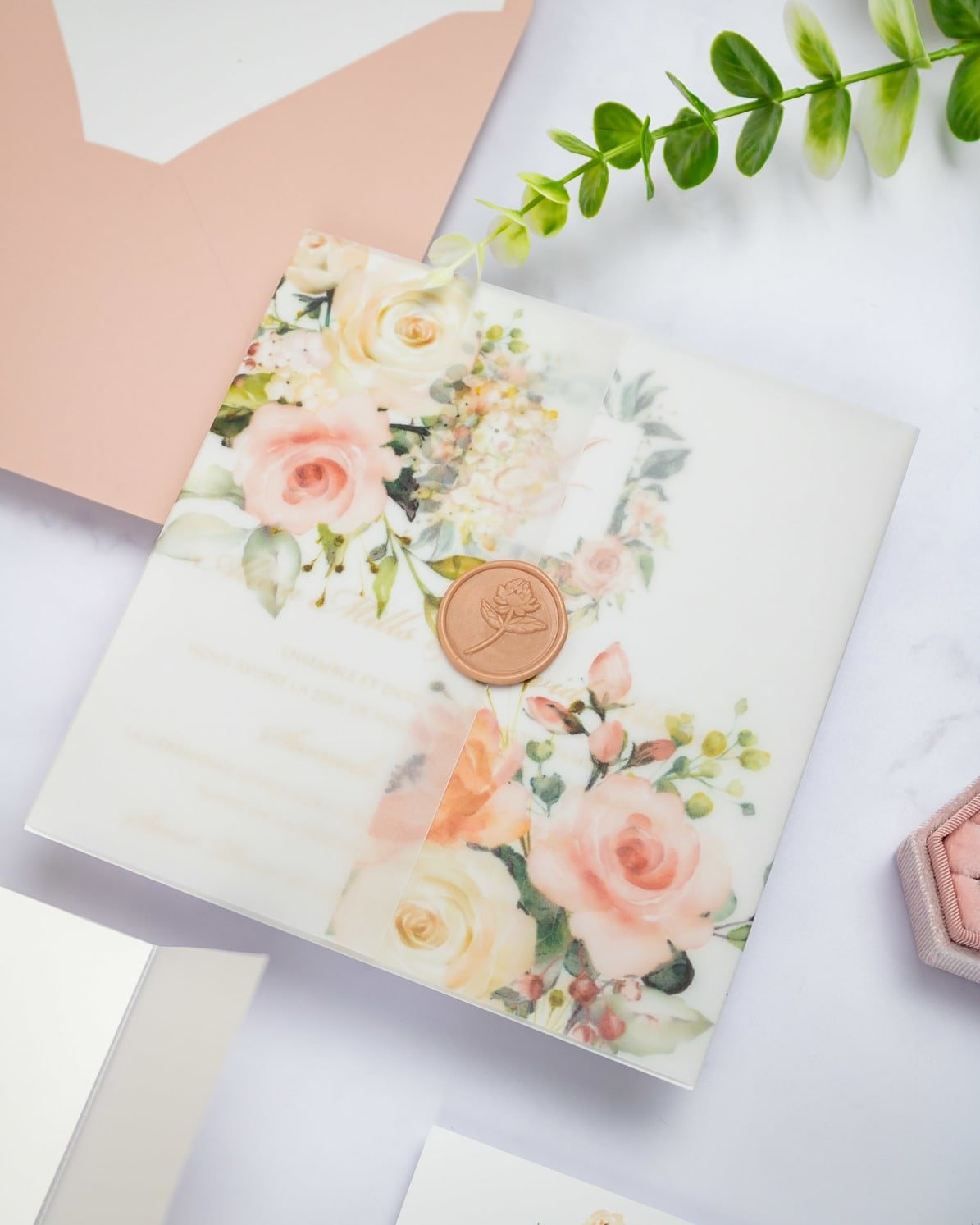 "Jais" - Faire-part de mariage fleuris élégant et romantique avec dorure or et wax seal – Wedding stationery - Création Luxe Carterie Studio