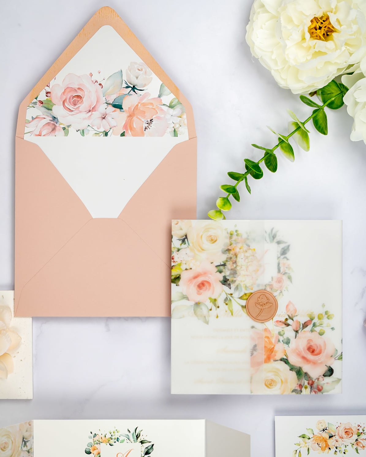 "Jais" - Faire-part de mariage fleuris élégant et romantique avec dorure or et wax seal – Wedding stationery - Création Luxe Carterie Studio