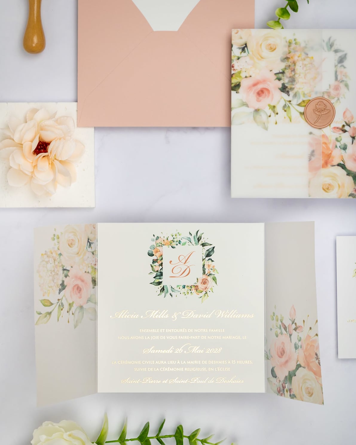 "Jais" - Faire-part de mariage fleuris élégant et romantique avec dorure or et wax seal – Wedding stationery - Création Luxe Carterie Studio