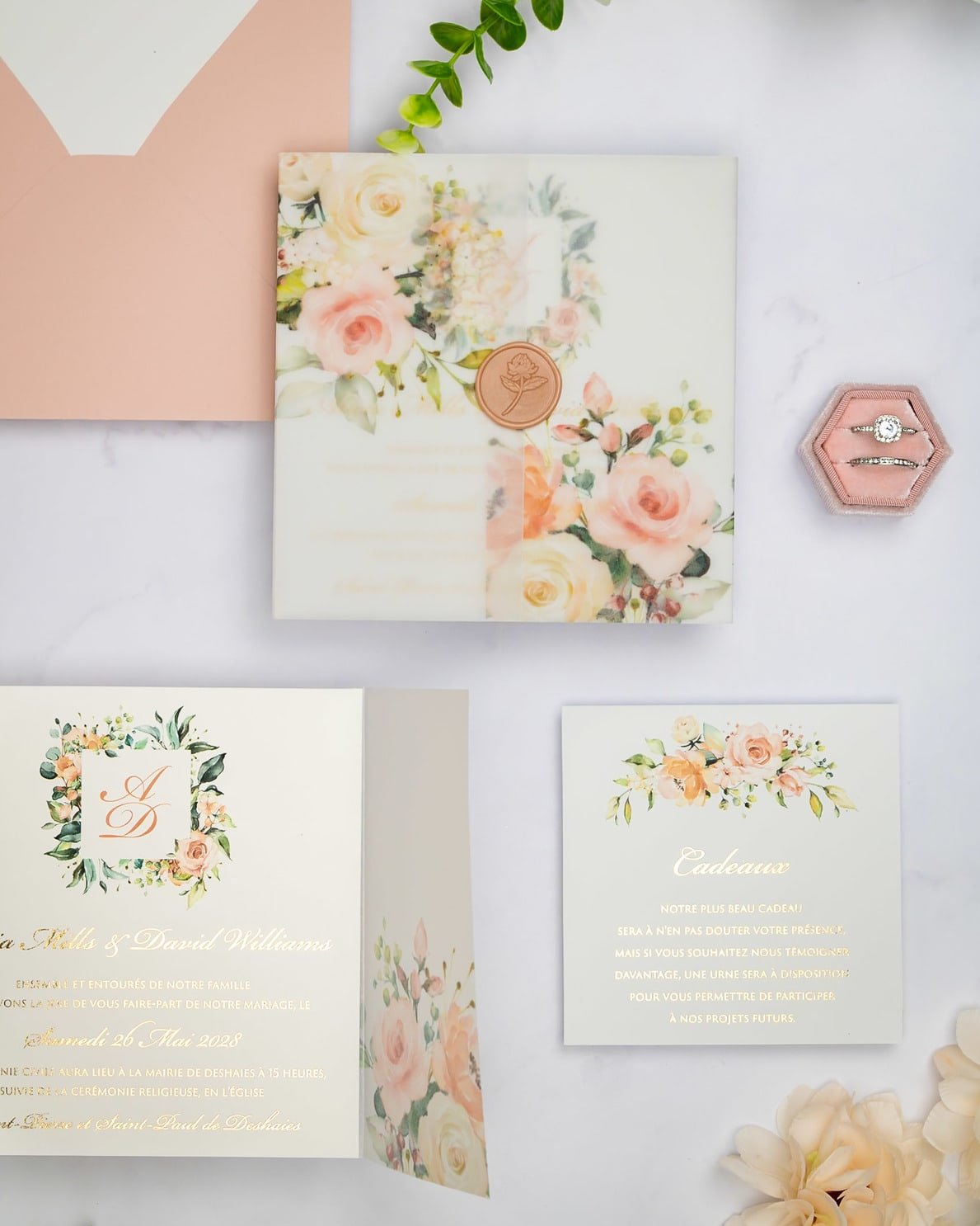 "Jais" - Faire-part de mariage fleuris élégant et romantique avec dorure or et wax seal – Wedding stationery - Création Luxe Carterie Studio