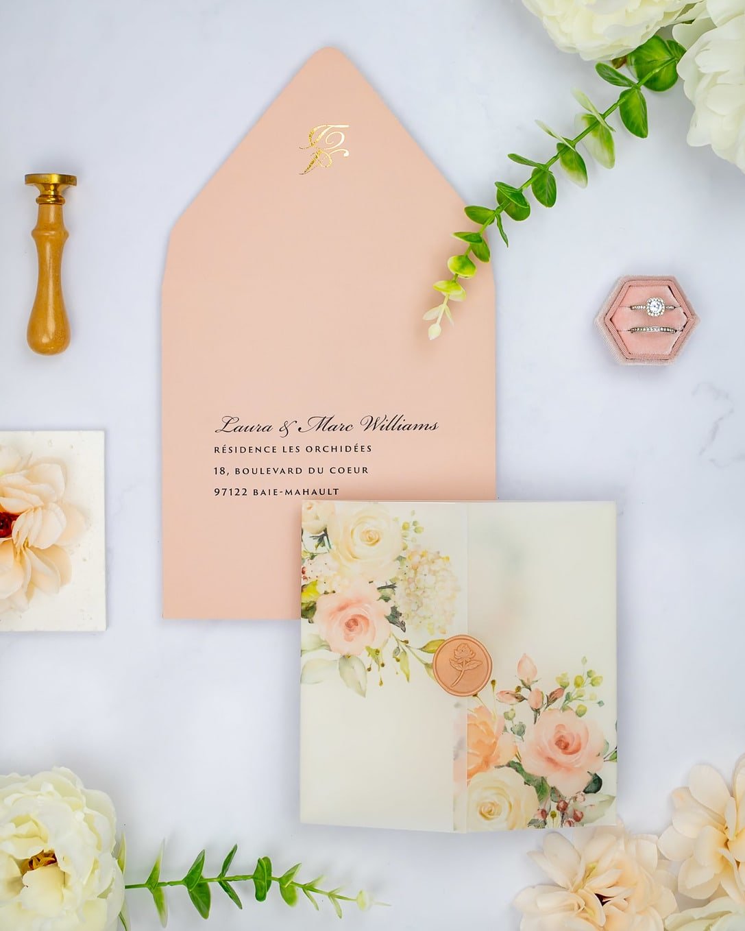 "Jais" - Faire-part de mariage fleuris élégant et romantique avec dorure or et wax seal – Wedding stationery - Création Luxe Carterie Studio