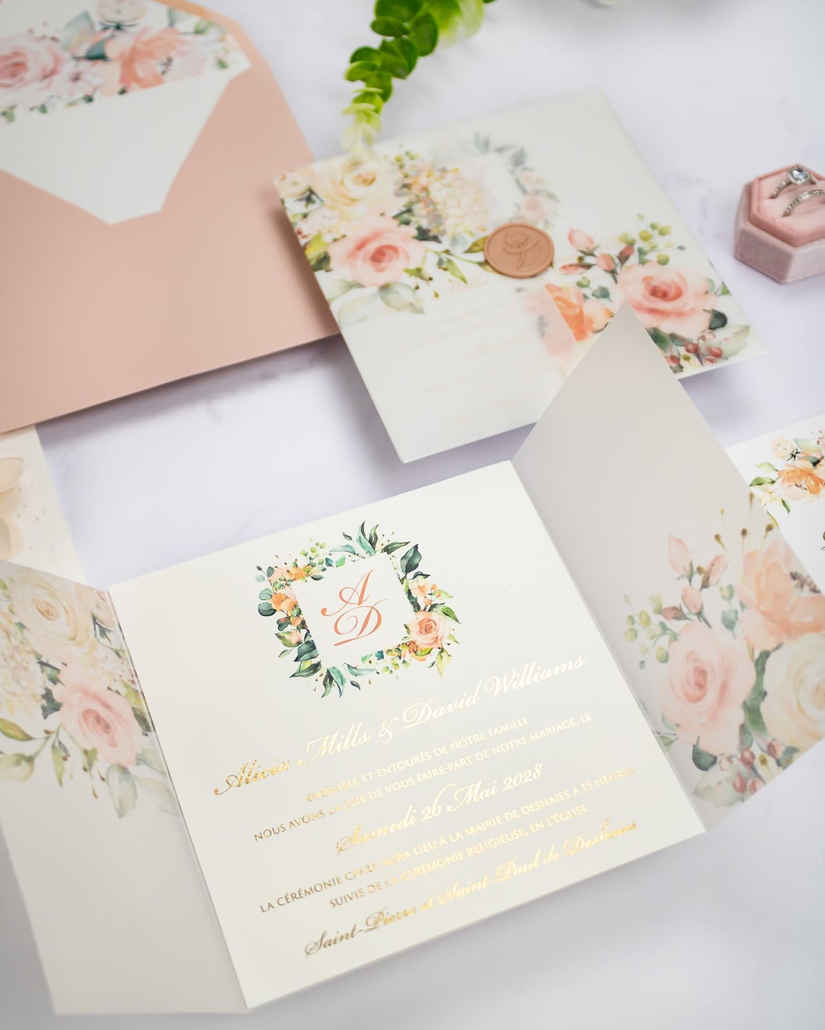 "Jais" - Faire-part de mariage fleuris élégant et romantique avec dorure or et wax seal – Wedding stationery - Création Luxe Carterie Studio
