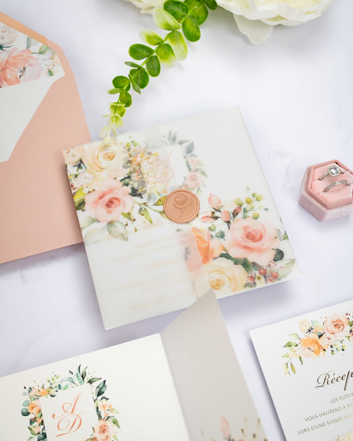 "Jais" - Faire-part de mariage fleuris élégant et romantique avec dorure or et wax seal – Wedding stationery - Création Luxe Carterie Studio