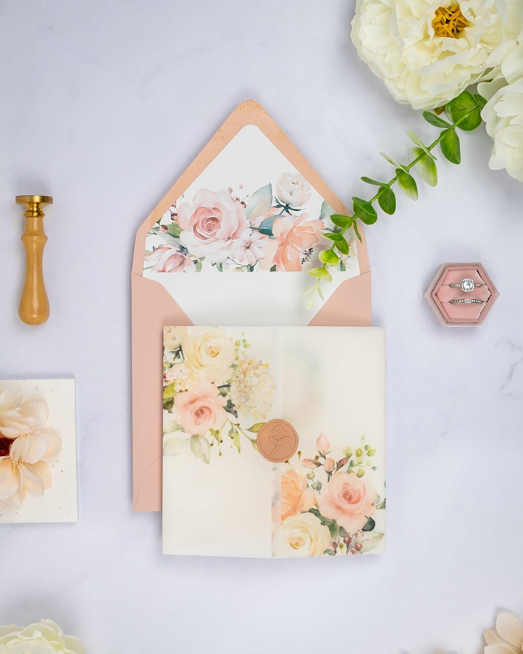 "Jais" - Faire-part de mariage fleuris élégant et romantique avec dorure or et wax seal – Wedding stationery - Création Luxe Carterie Studio