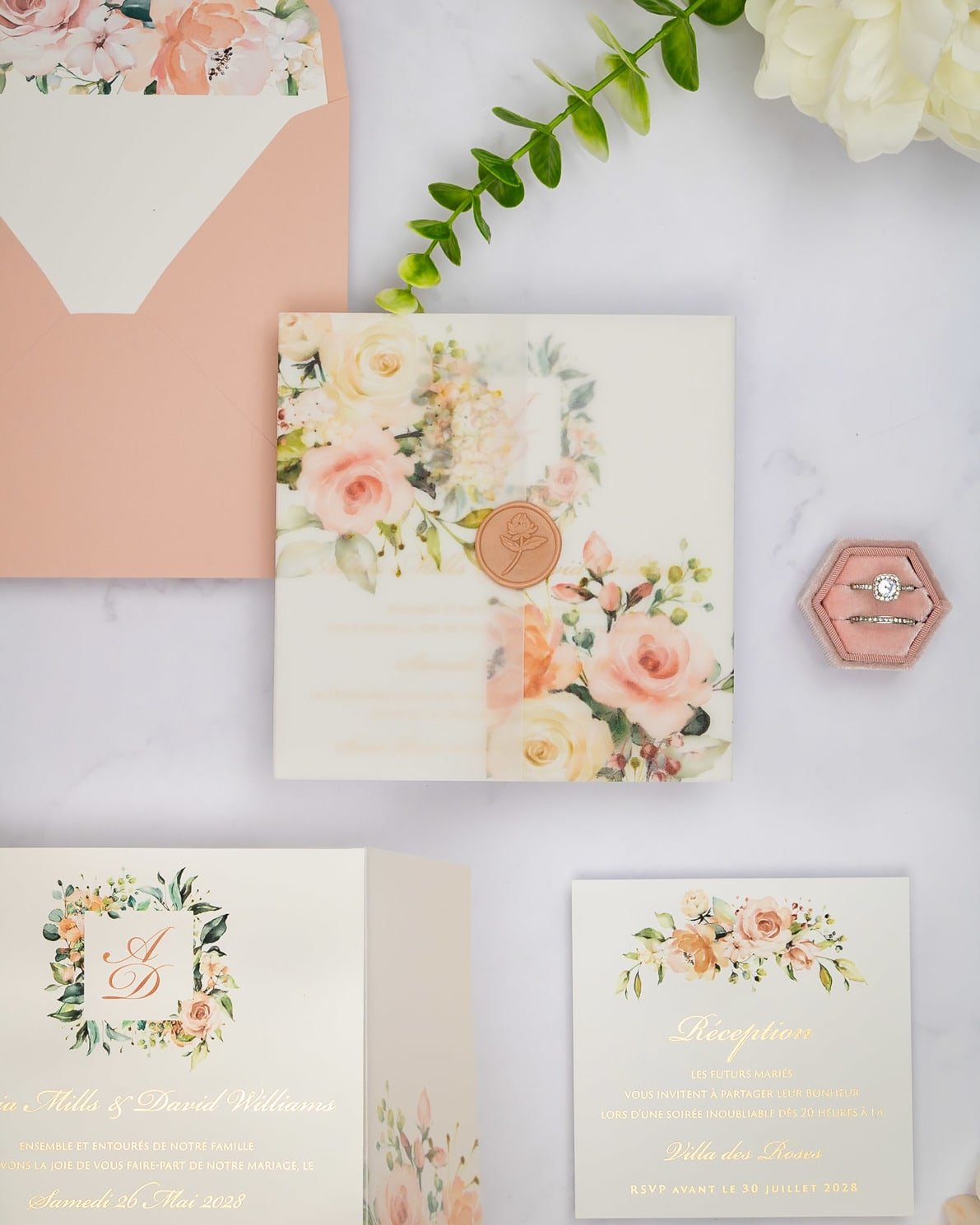 "Jais" - Faire-part de mariage fleuris élégant et romantique avec dorure or et wax seal – Wedding stationery - Création Luxe Carterie Studio