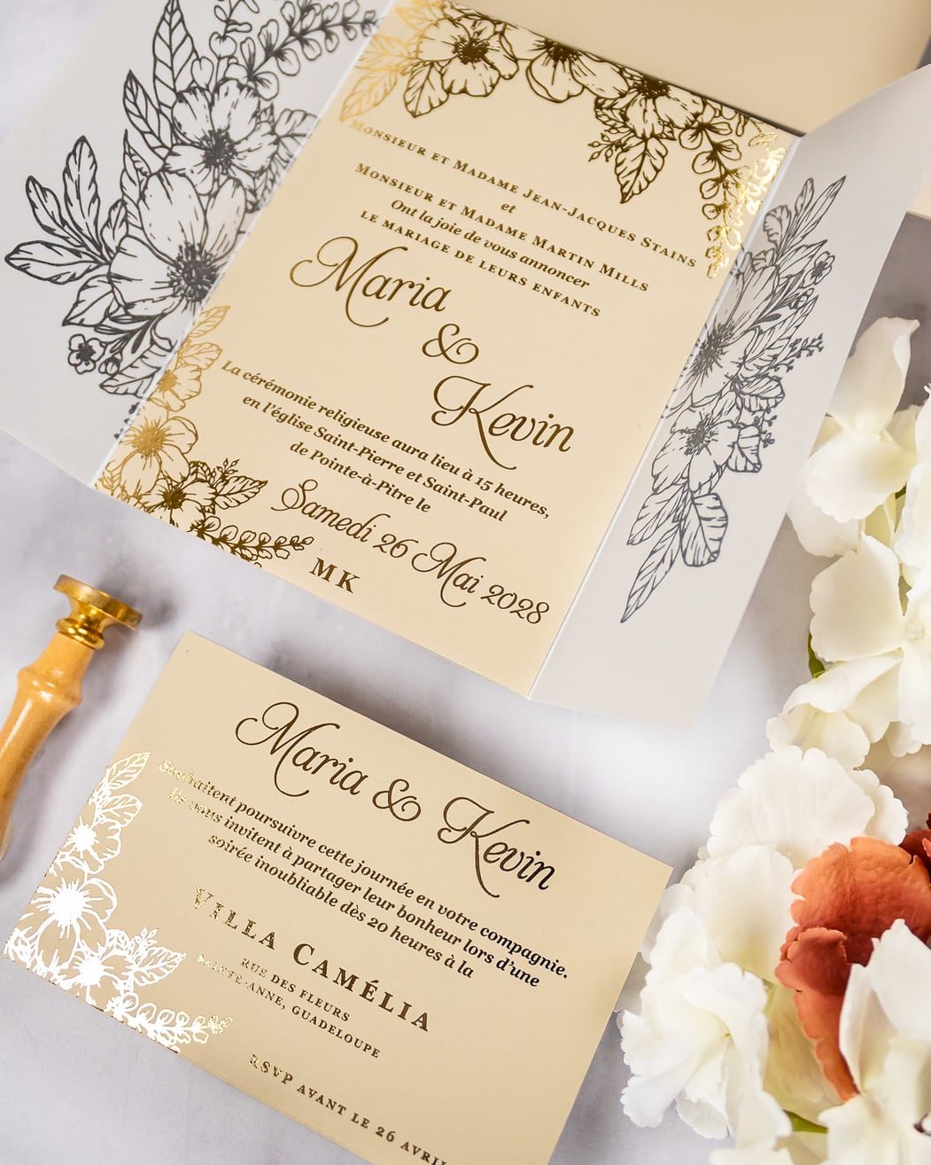 "Jasmin" - Faire-part de mariage chic, élégant et romantique avec dorure or - Wedding stationery - Création Luxe Carterie Studio