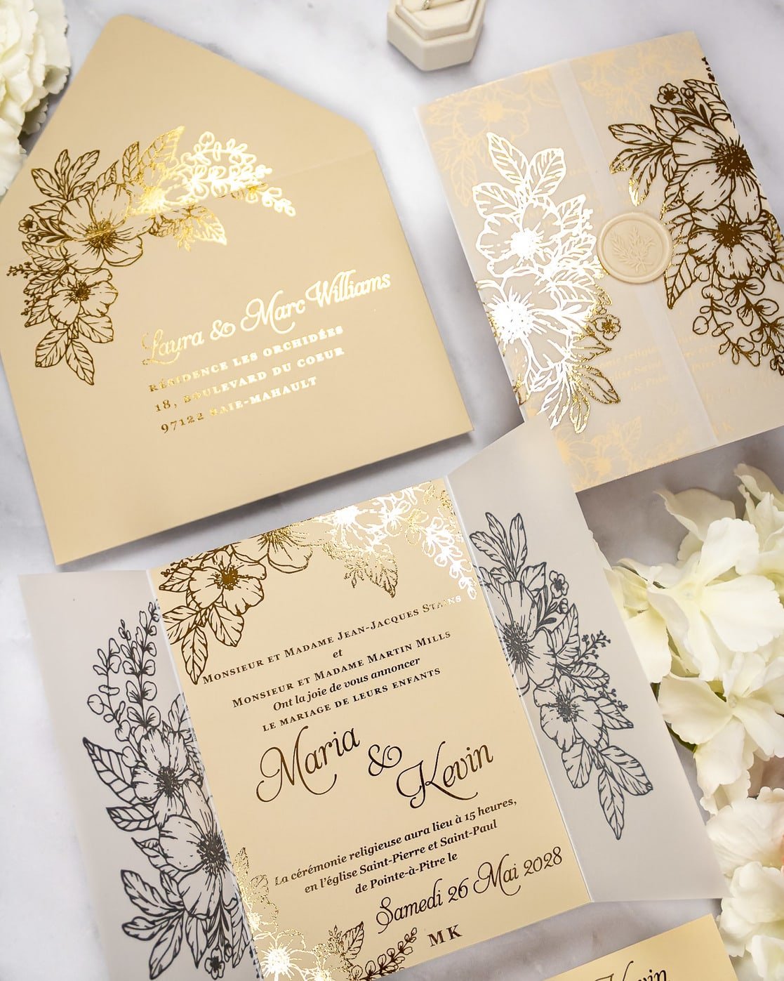 "Jasmin" - Faire-part de mariage chic, élégant et romantique avec dorure or - Wedding stationery - Création Luxe Carterie Studio