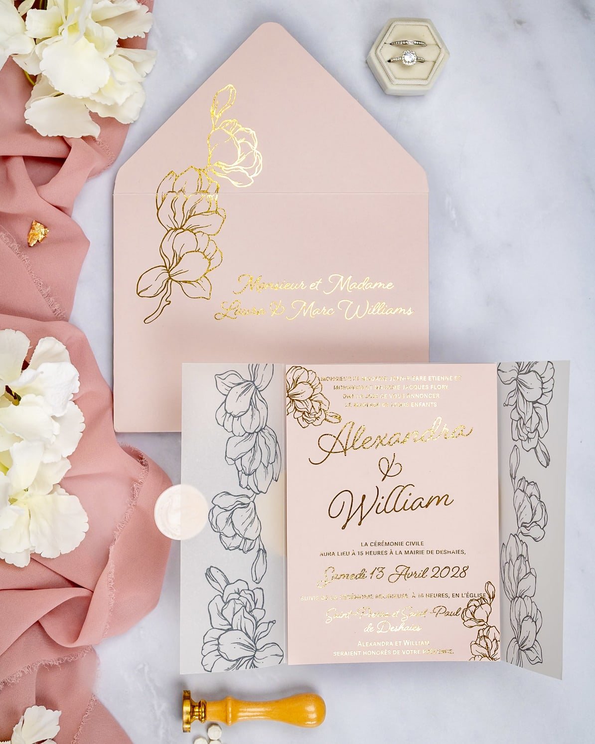 "Jonquille" - Faire-part de mariage chic, élégant et romantique avec dorure or - Wedding stationery - Création Luxe Carterie Studio