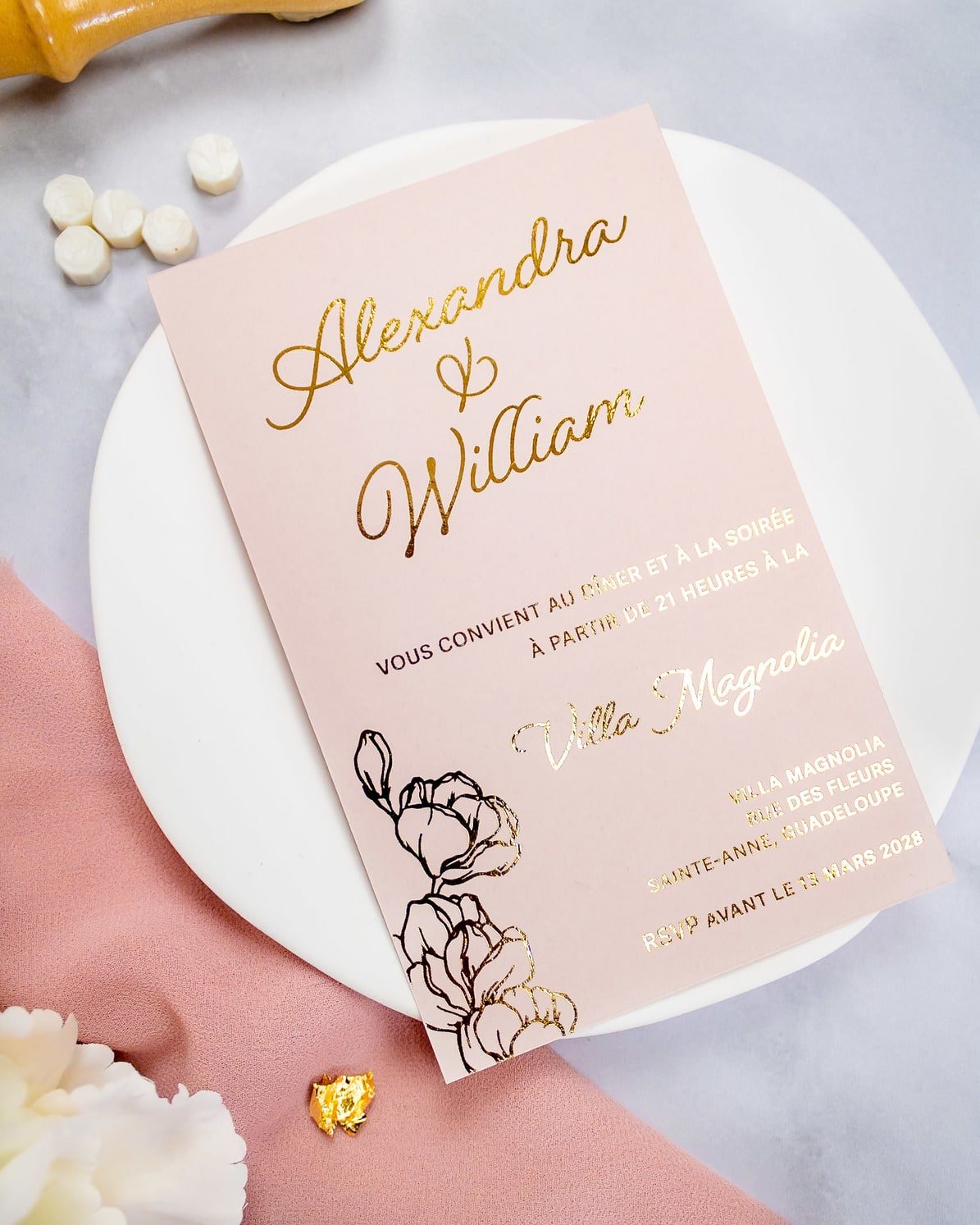 "Jonquille" - Faire-part de mariage chic, élégant et romantique avec dorure or - Wedding stationery - Création Luxe Carterie Studio