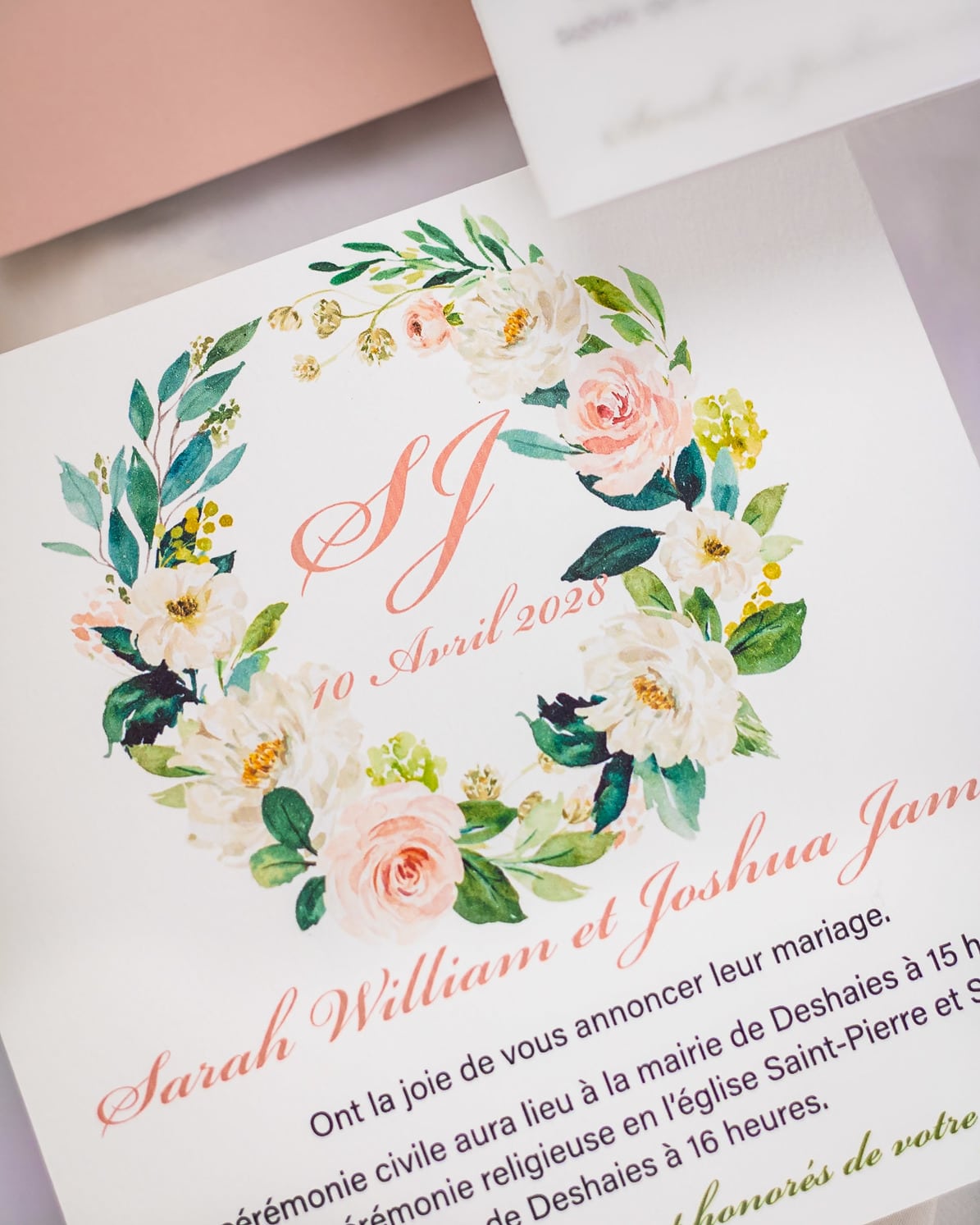 "Juliette" - Faire-part de mariage fleuris élégant et romantique avec dorure or et wax seal – Wedding stationery - Création Luxe Carterie Studio