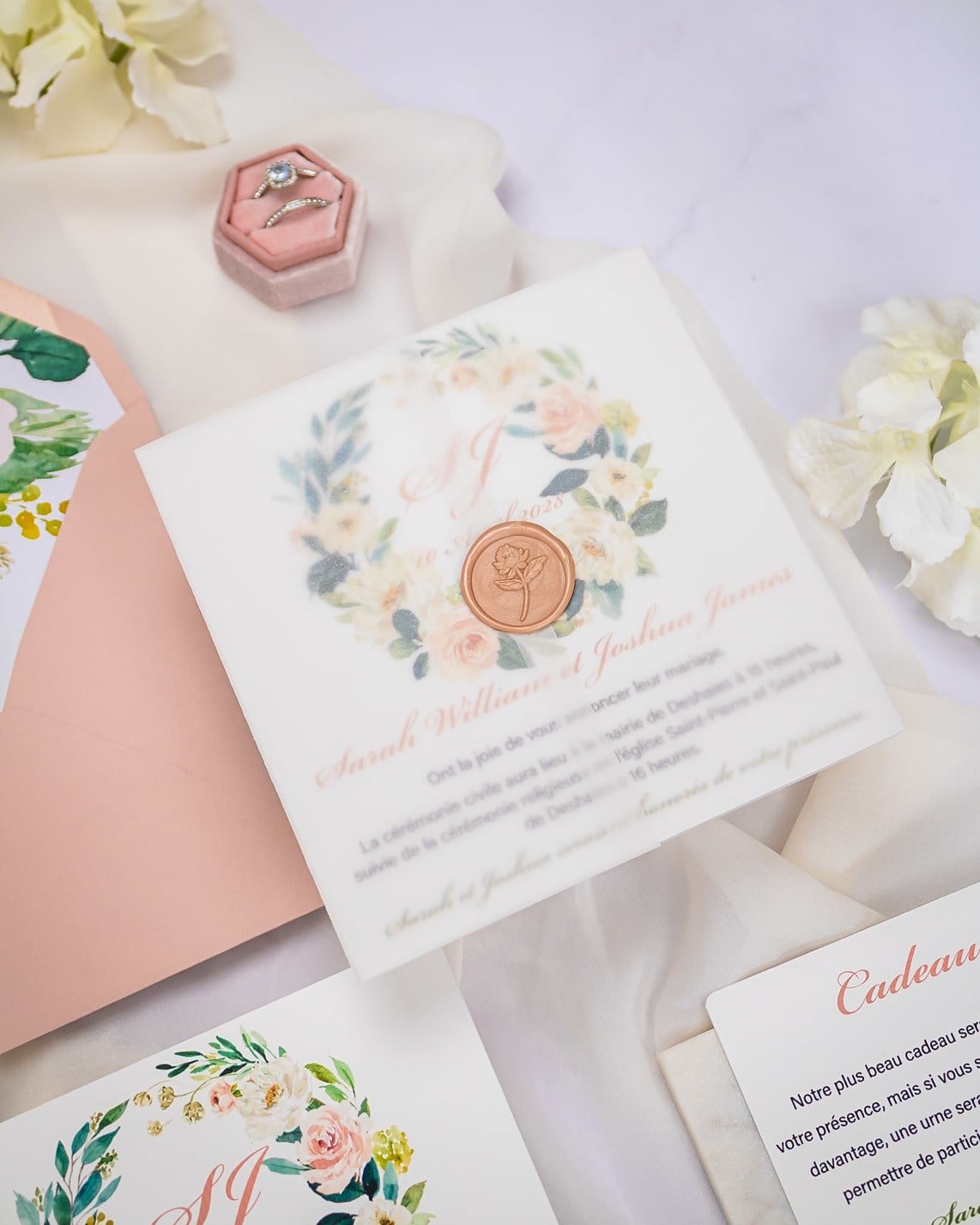 "Juliette" - Faire-part de mariage fleuris élégant et romantique avec dorure or et wax seal – Wedding stationery - Création Luxe Carterie Studio
