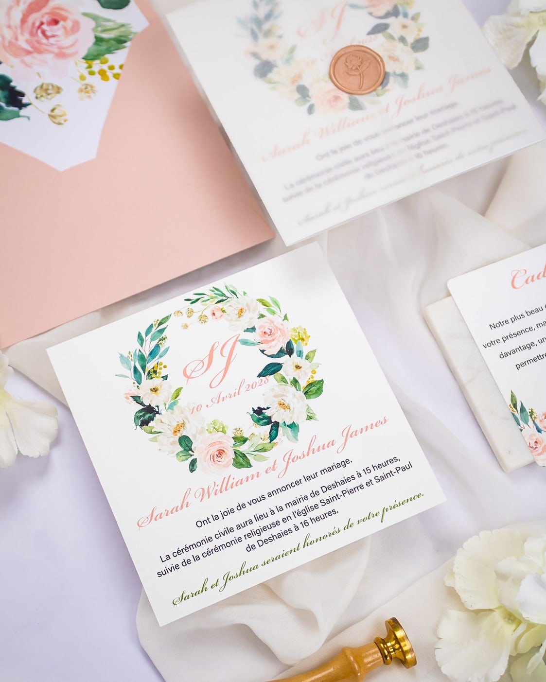 "Juliette" - Faire-part de mariage fleuris élégant et romantique avec dorure or et wax seal – Wedding stationery - Création Luxe Carterie Studio