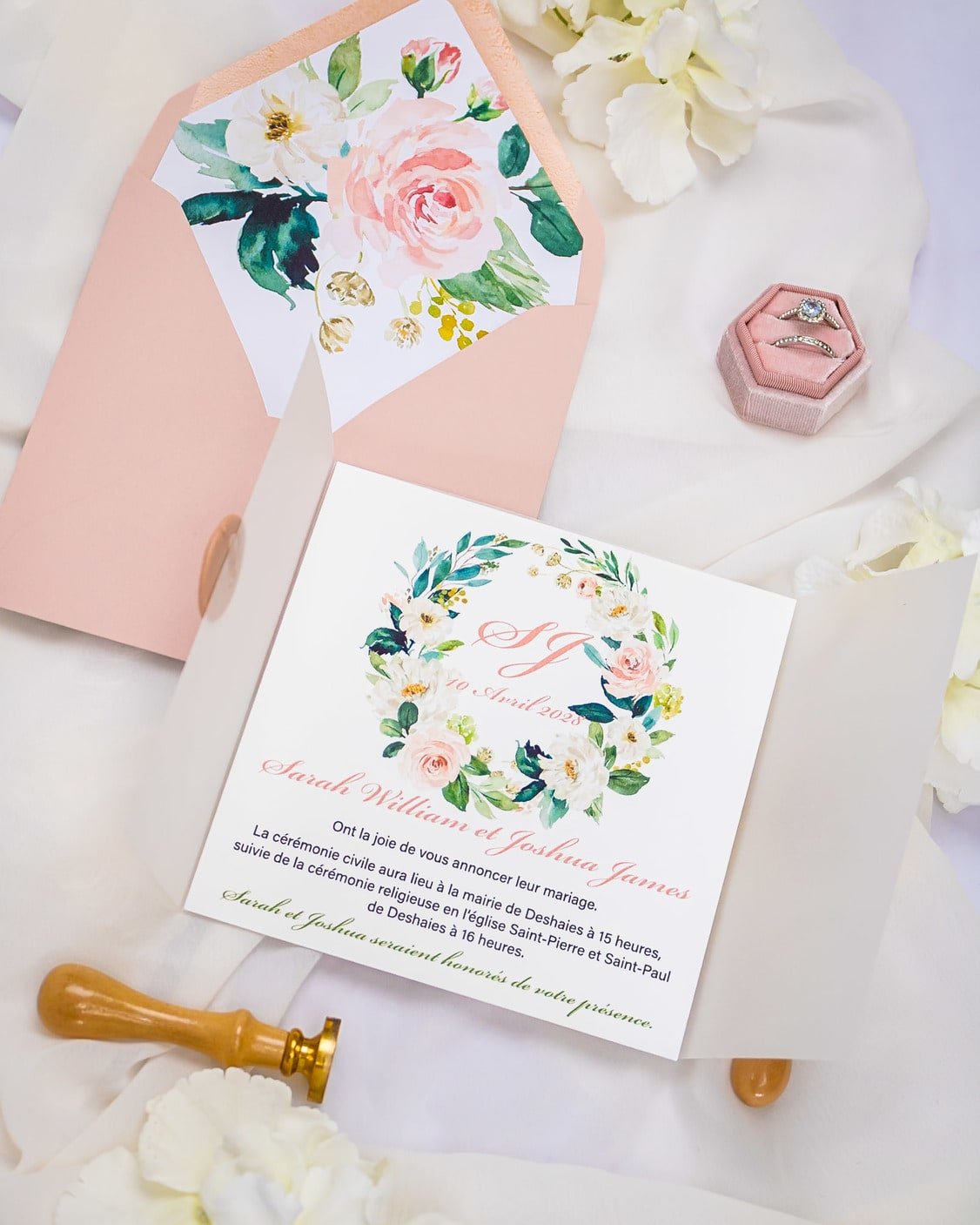 "Juliette" - Faire-part de mariage fleuris élégant et romantique avec dorure or et wax seal – Wedding stationery - Création Luxe Carterie Studio